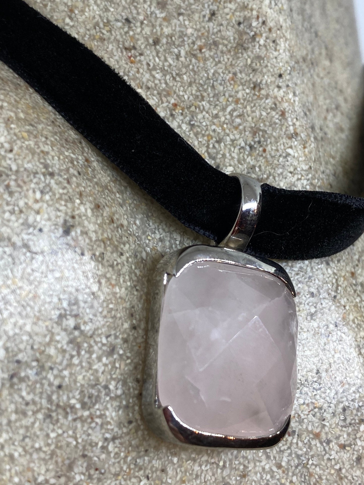 Vintage Rose Quartz Choker 925 Sterling Silver Pendant Necklace