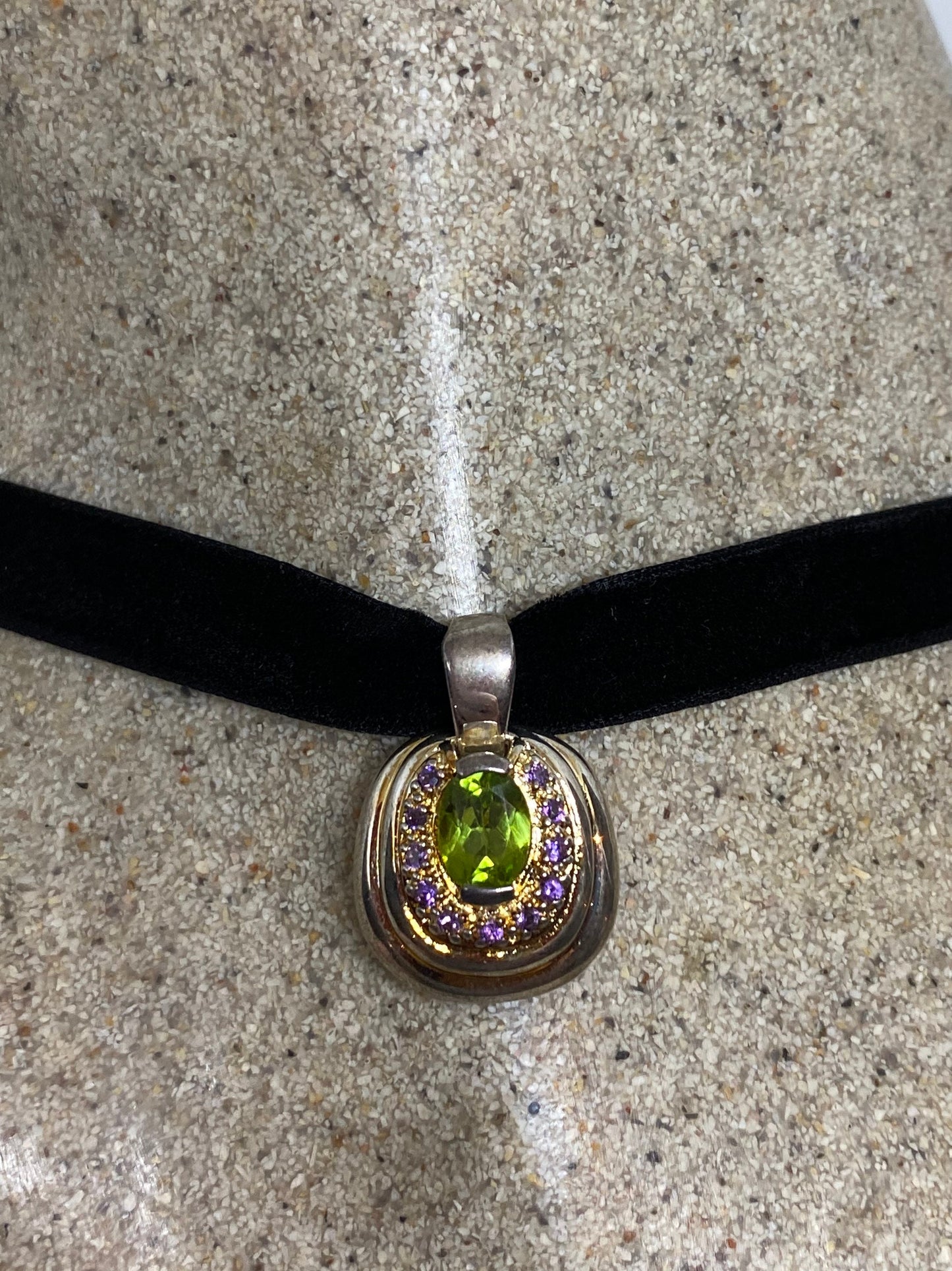 Vintage Purple Amethyst Peridot Choker 925 Sterling Silver Pendant