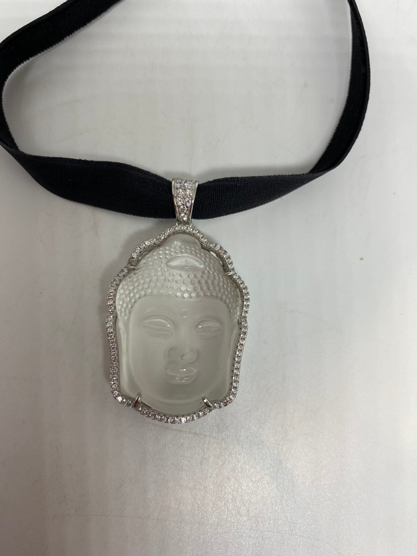 Vintage Clear Crystal Buddha Choker 925 Sterling Silver Necklace