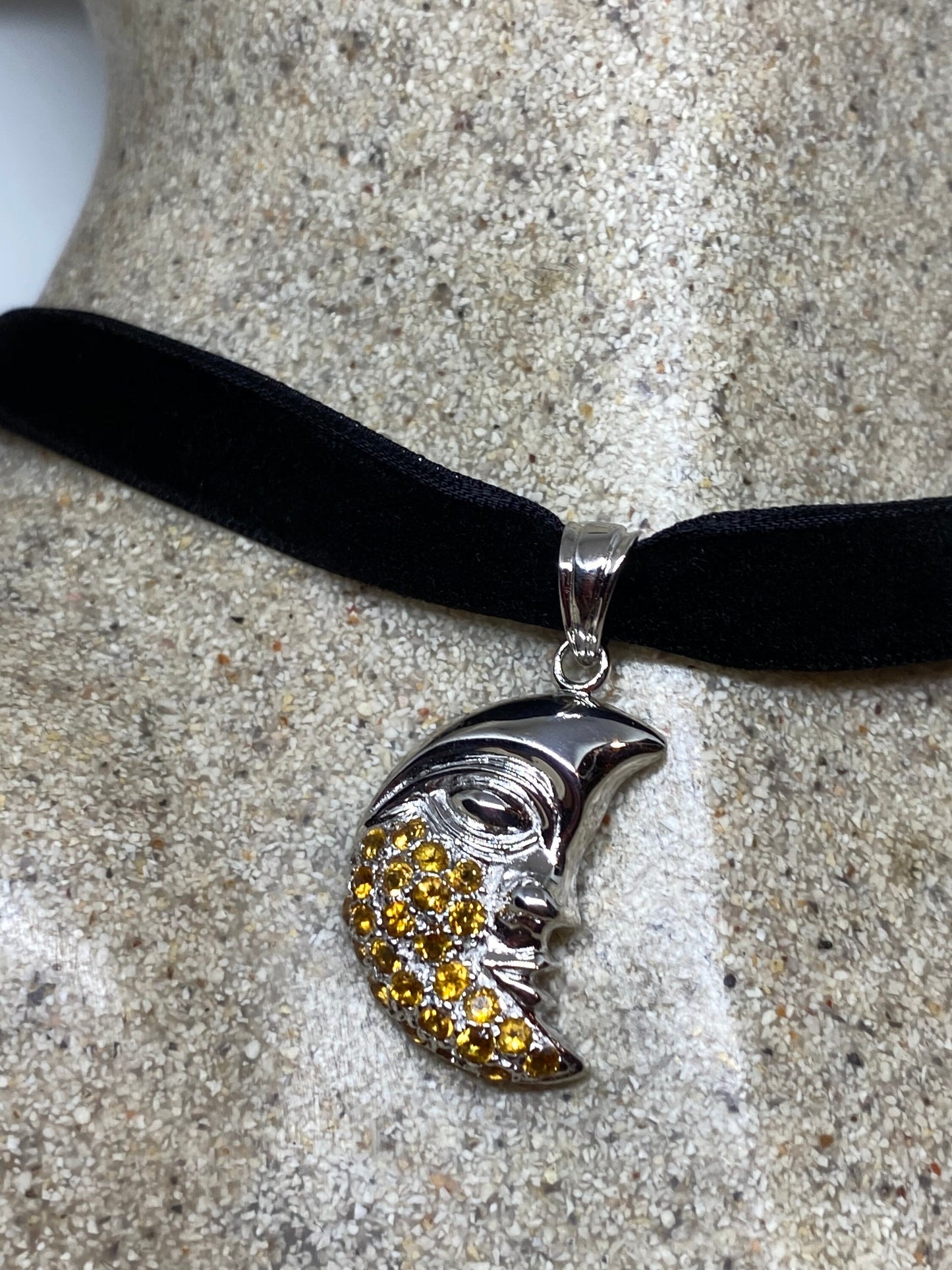 Vintage Citrine moon Choker 925 Sterling Silver Deco Pendant Necklace
