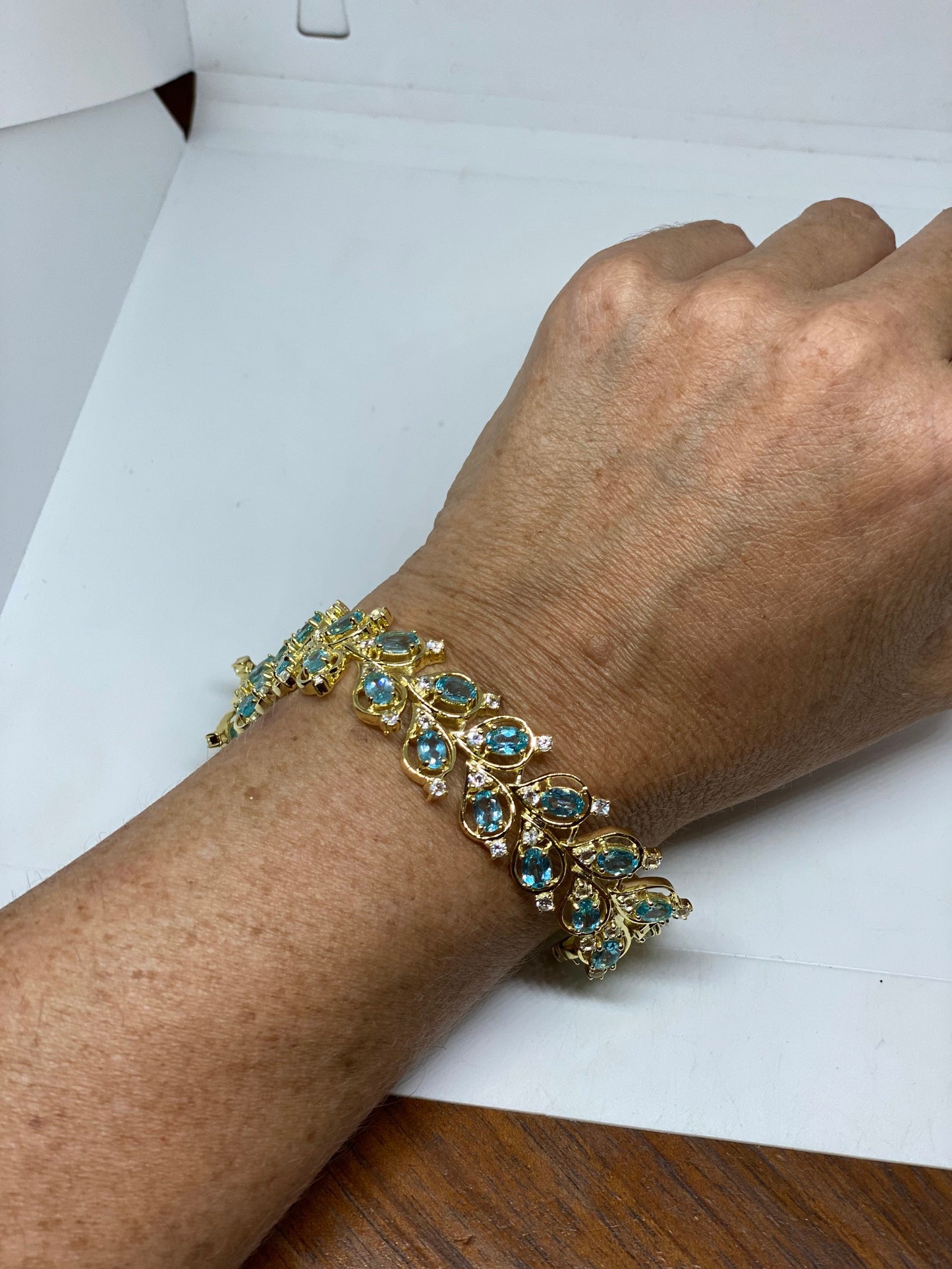 Vintage Blue Topaz Golden 925 Sterling Silver Statement Bracelet