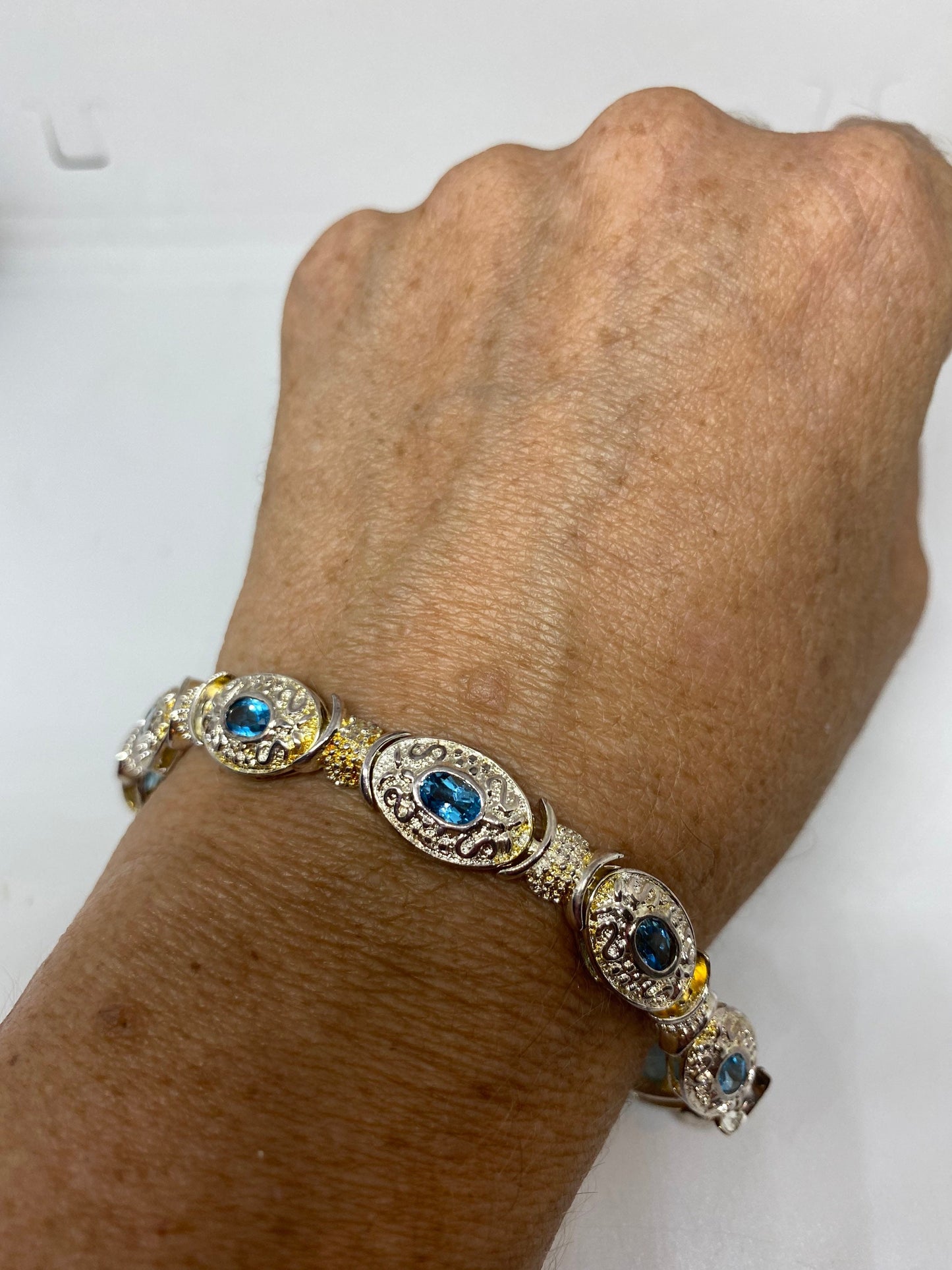 Vintage Blue Topaz Bracelet 925 Sterling Silver 7.5 Inch Tennis