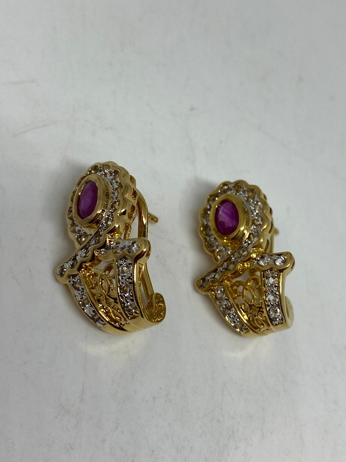 Vintage Handmade Sterling Silver Deep Pink Ruby Earrings
