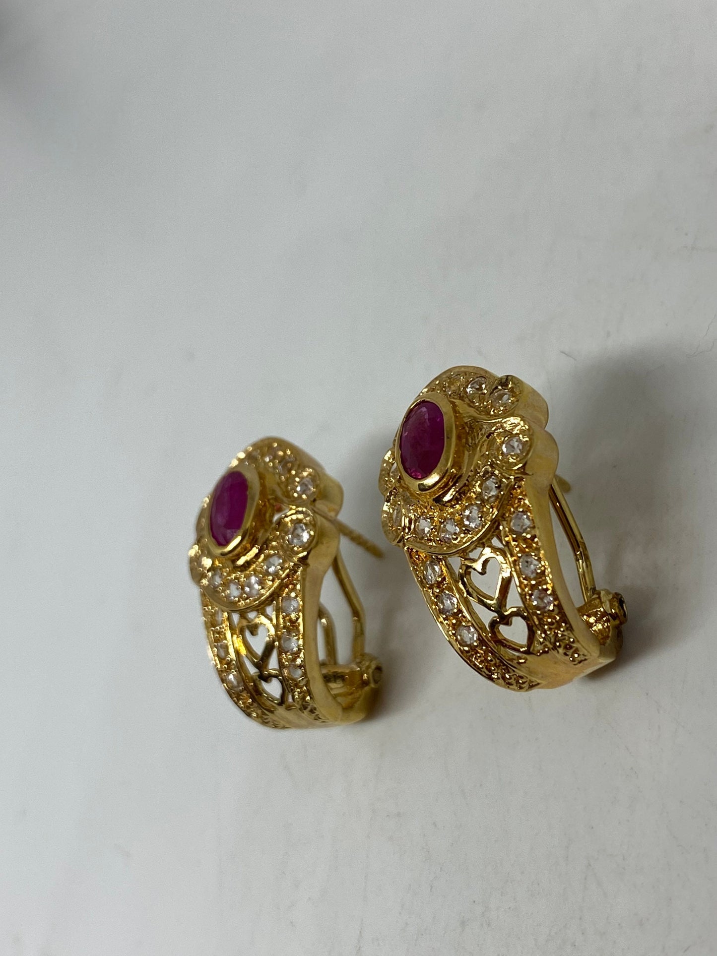 Vintage Handmade Golden Sterling Silver Deep Pink Ruby Earrings
