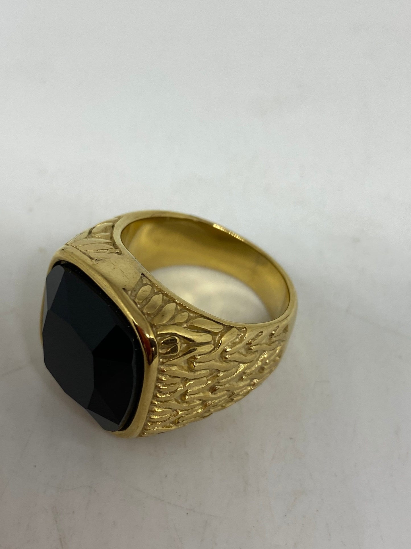 Vintage Black Onyx Golden Stainless Steel Mens Ring
