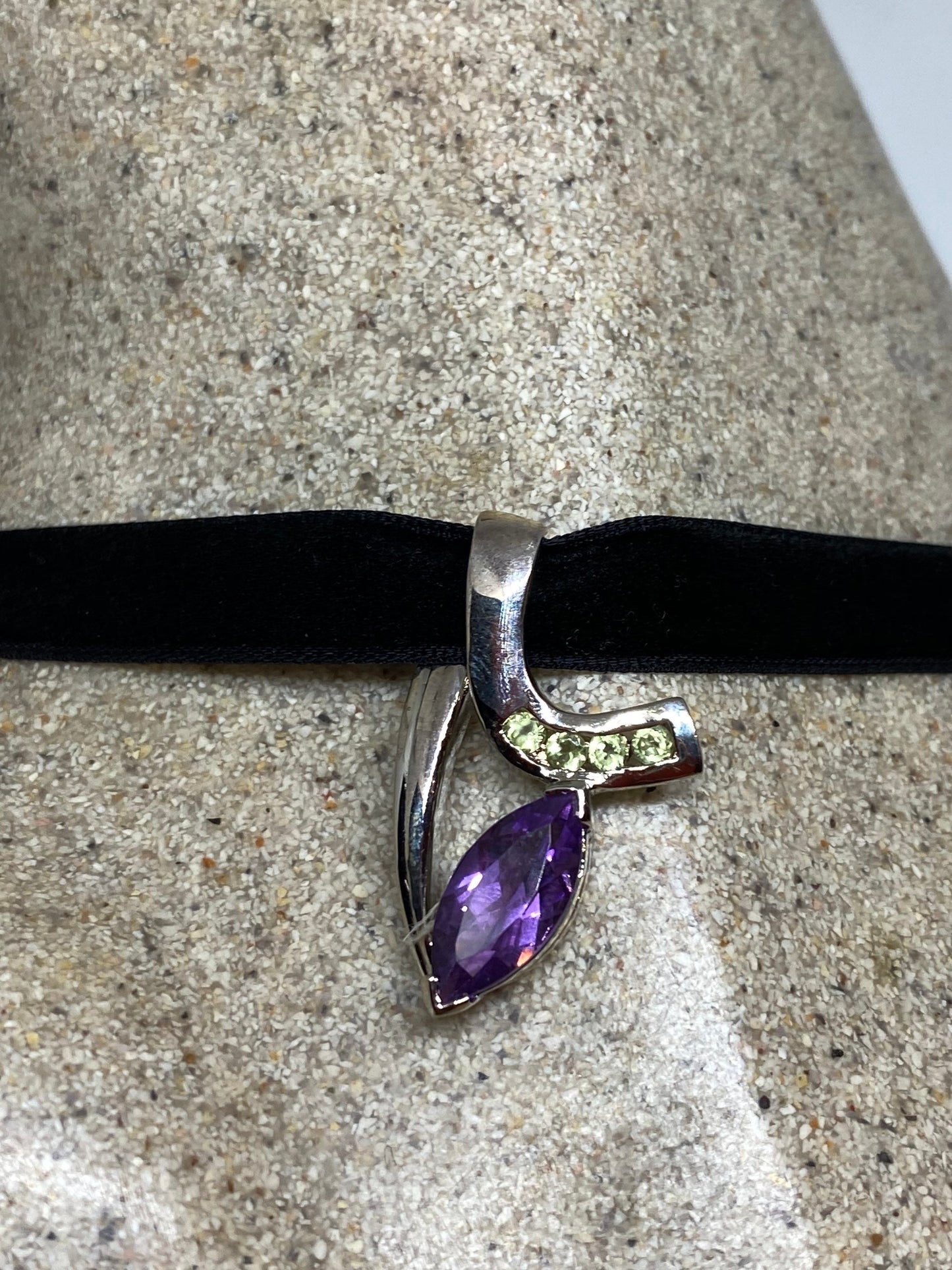 Vintage Purple Amethyst Peridot Choker 925 Sterling Silver Pendant