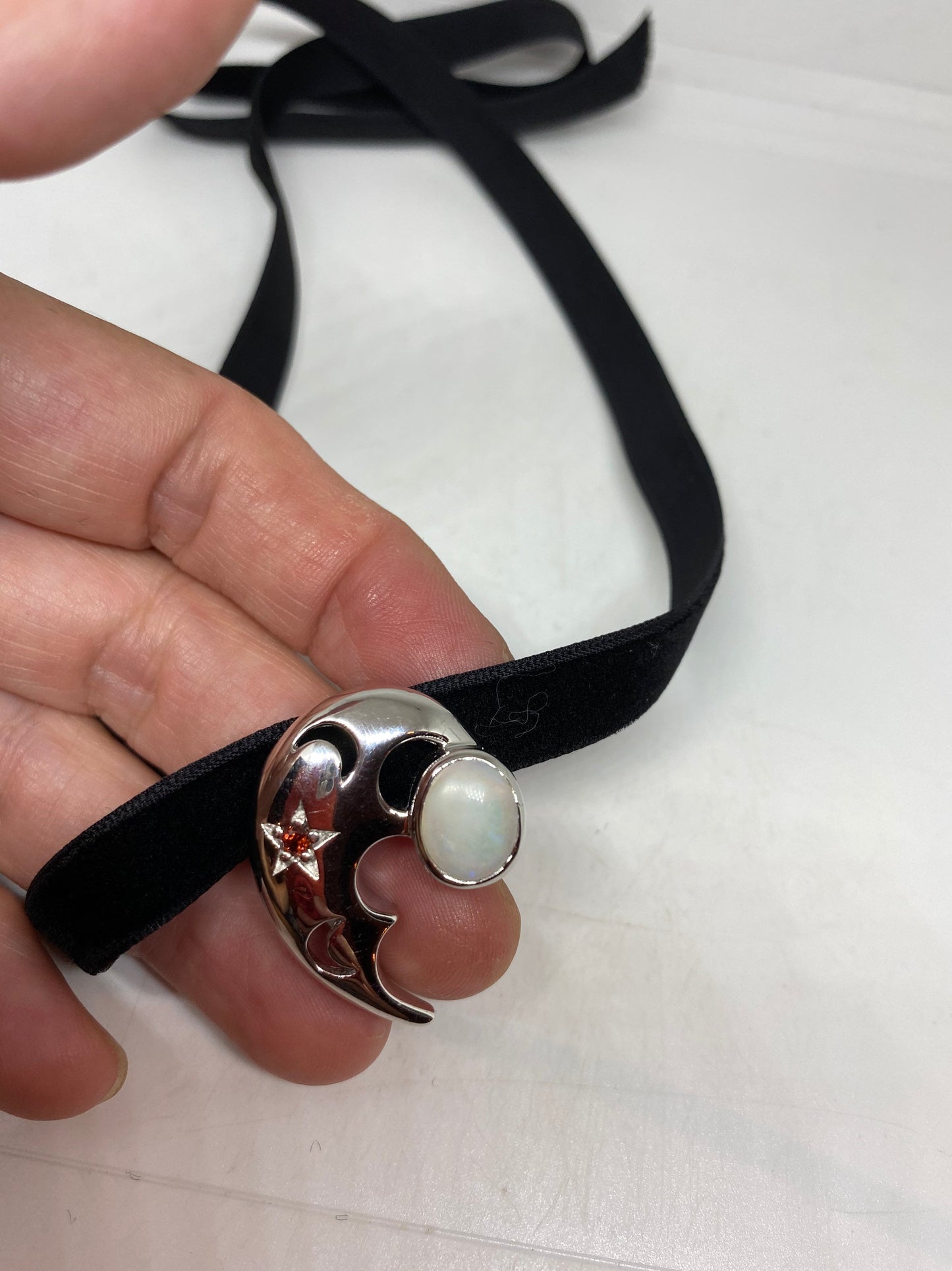 Vintage White Opal moon Choker 925 Sterling Silver Deco Pendant Necklace