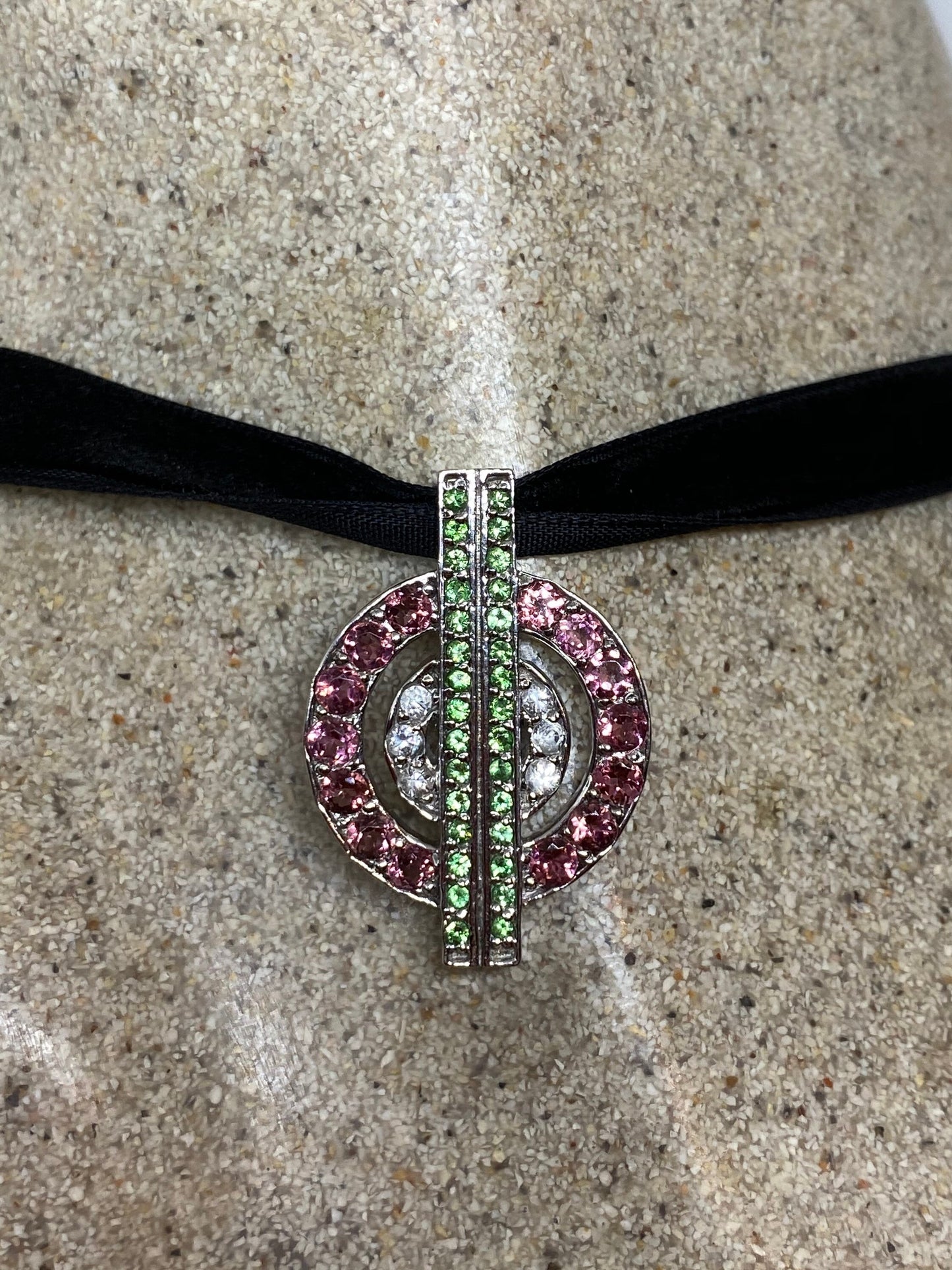 Vintage Watermellon Tourmaline 925 Sterling Silver Black Velvet Choker Antique Pendant Necklace