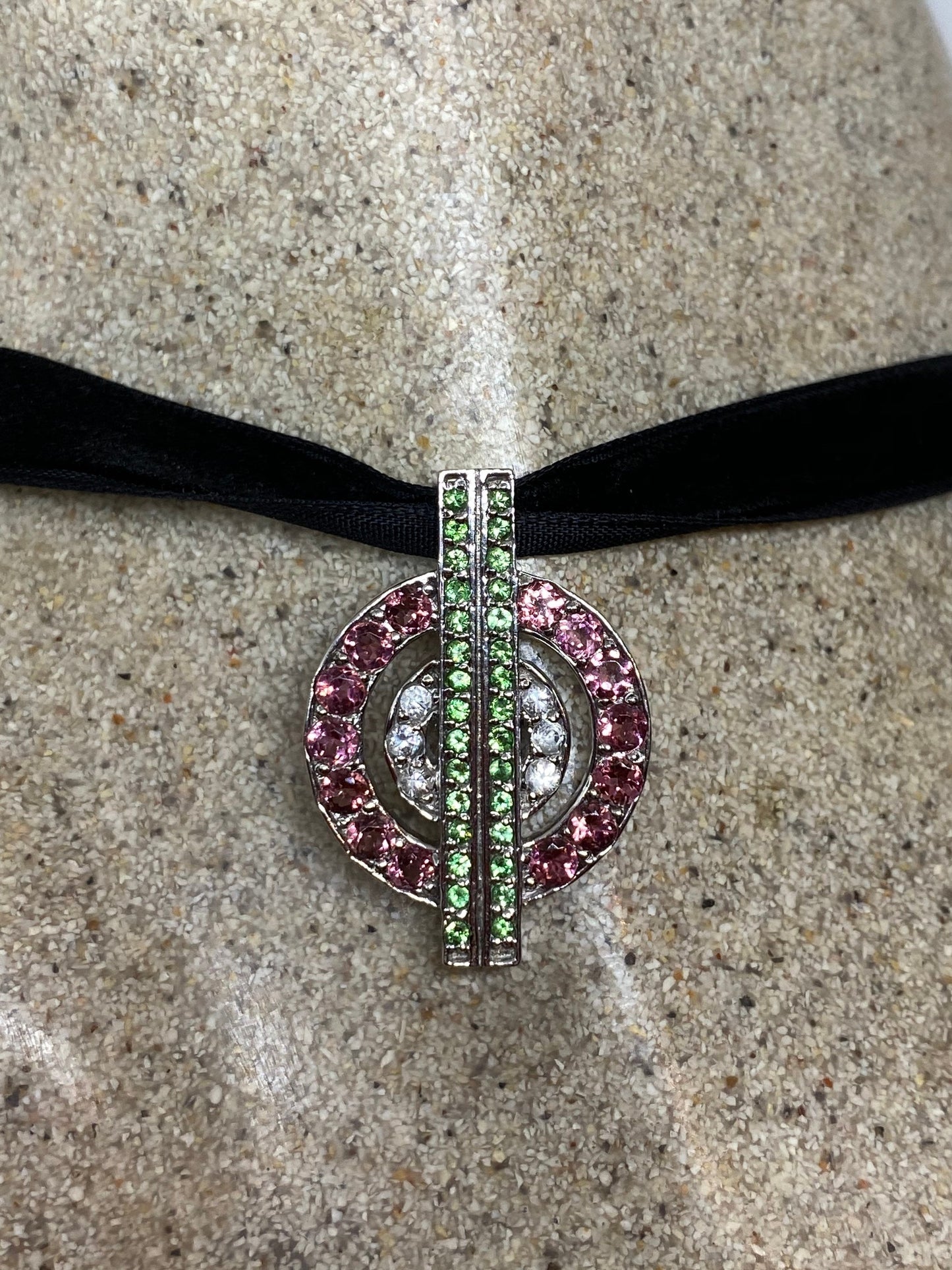 Vintage Watermellon Tourmaline 925 Sterling Silver Black Velvet Choker Antique Pendant Necklace