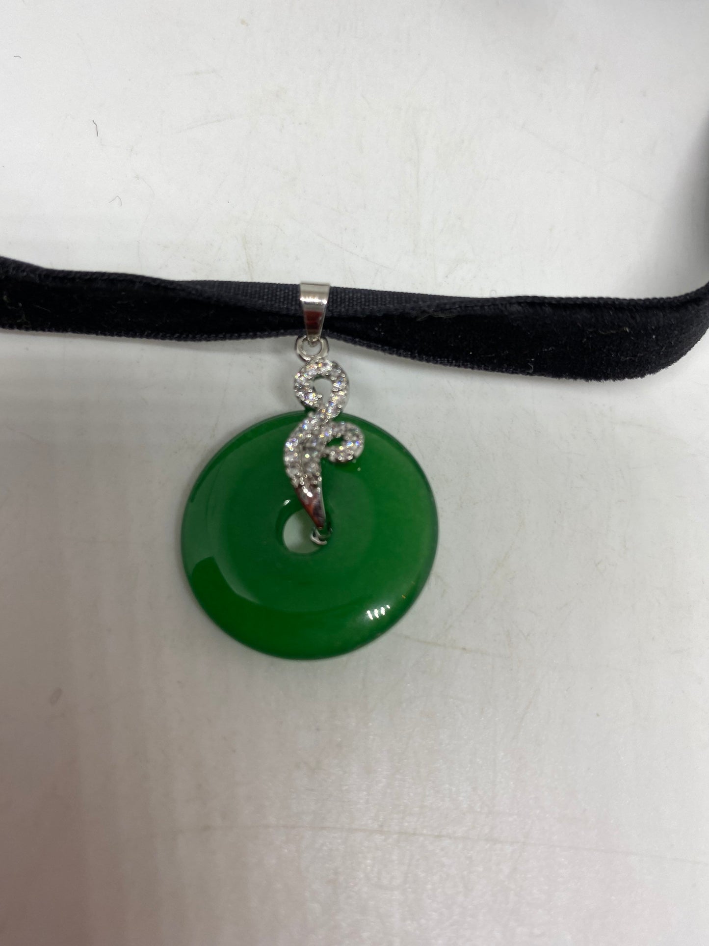 Vintage Green Jade Choker Silver Finish Necklace Pendant