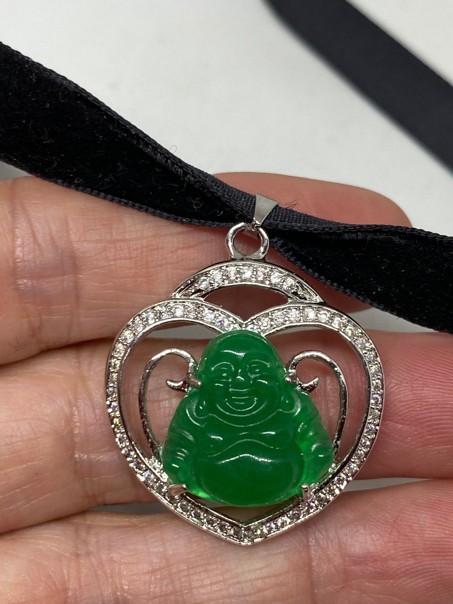 Vintage Green Jade Buddha Choker Silver Finish Necklace Pendant