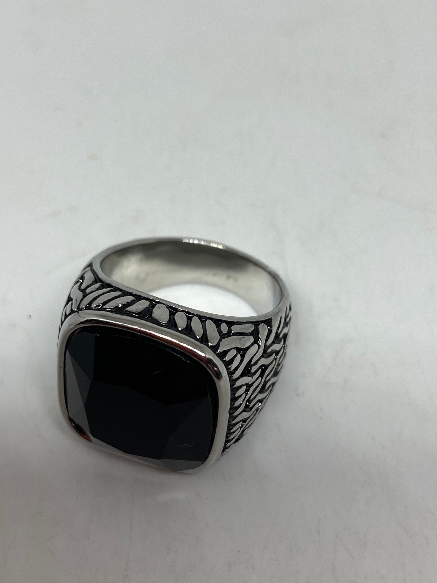 Vintage Black Onyx Stainless Steel Mens Ring