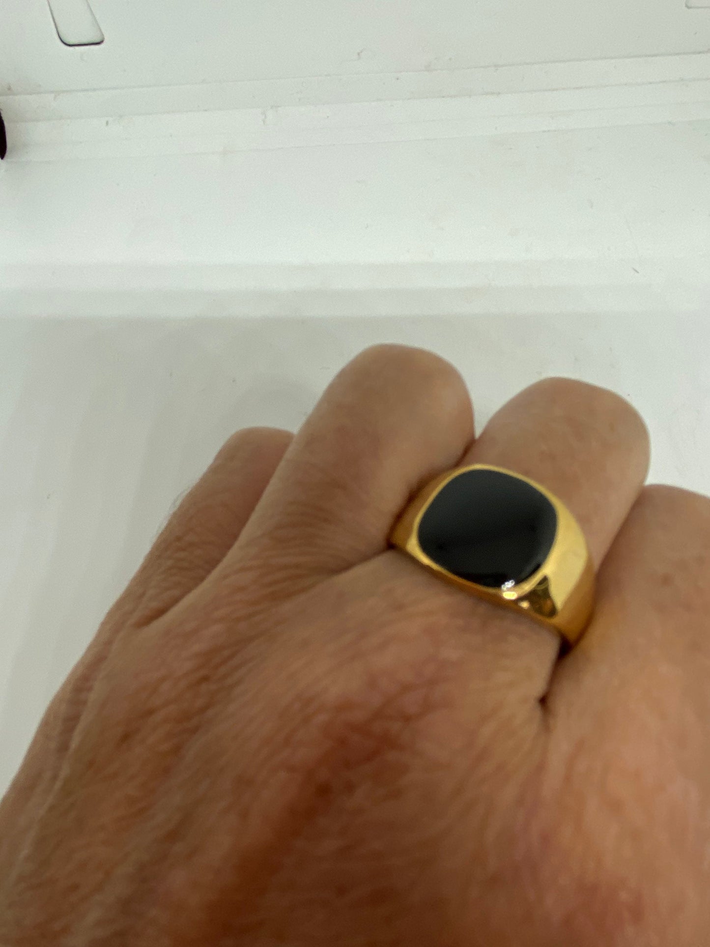 Vintage Black Onyx Golden Stainless Steel Mens Ring