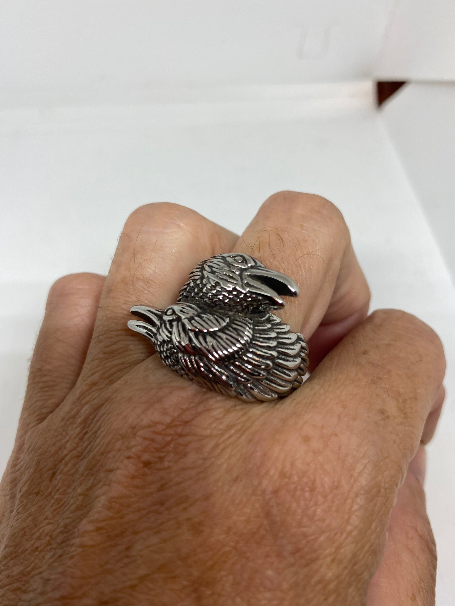 Vintage Native American Style Silver Stainless Steel Mens Hawk Ring