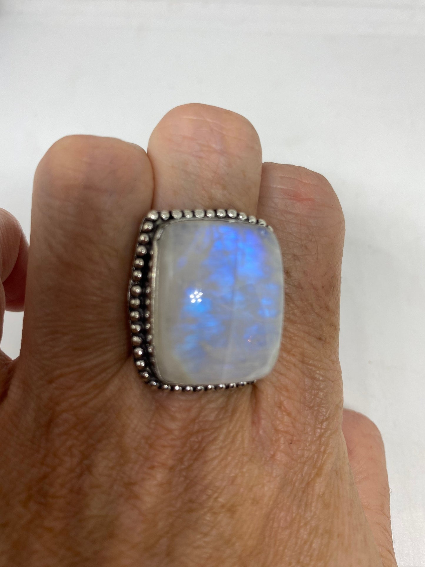 Vintage Genuine Blue White Rainbow Moonstone Ring