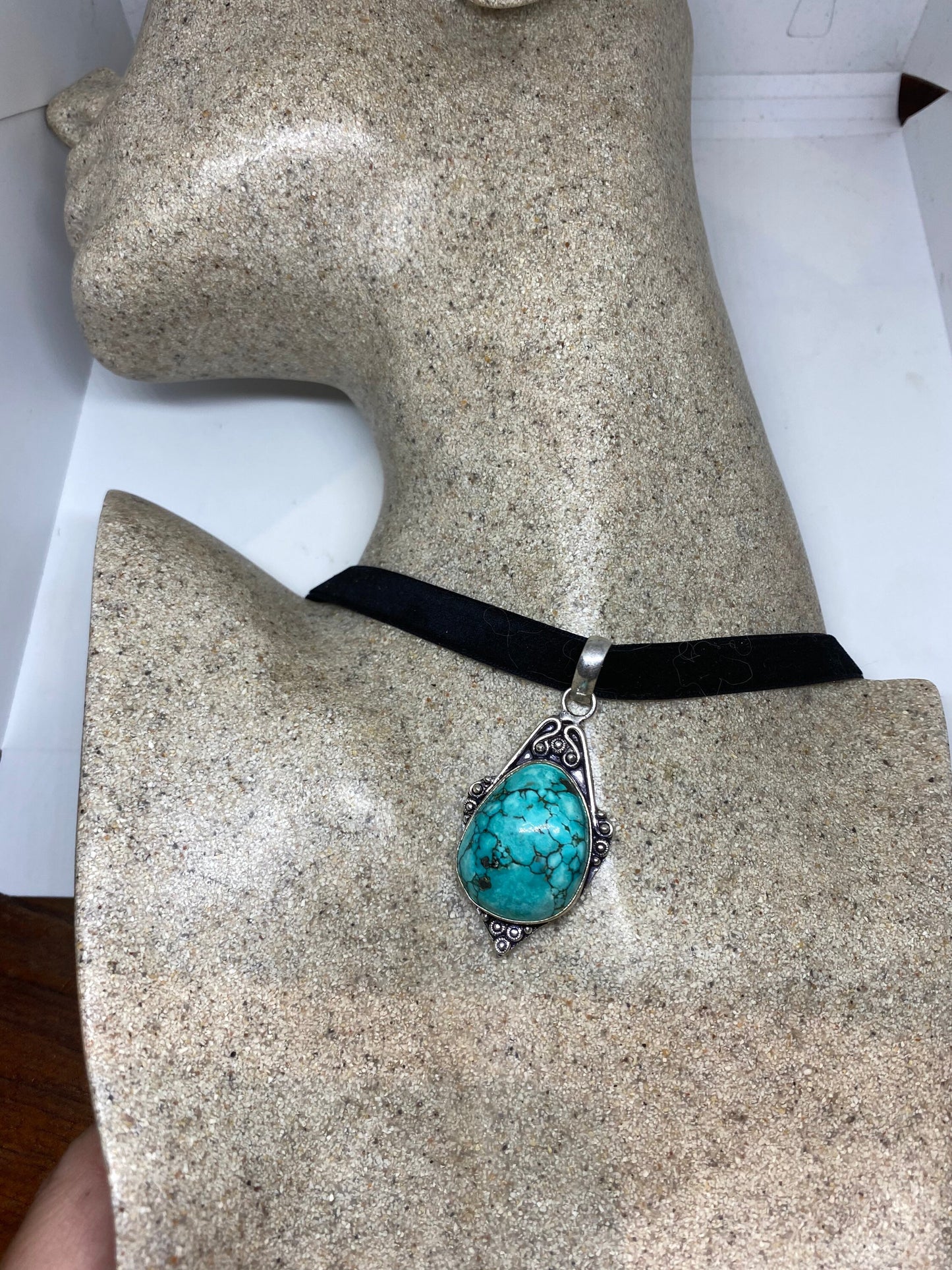 Vintage Silver Finished Genuine Tibetan Turquoise Choker Necklace