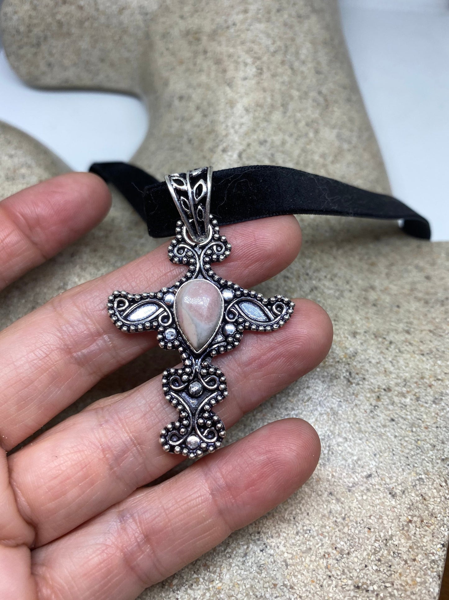 Vintage Handmade Silver Finish Rose Agate Cross Choker Pendant