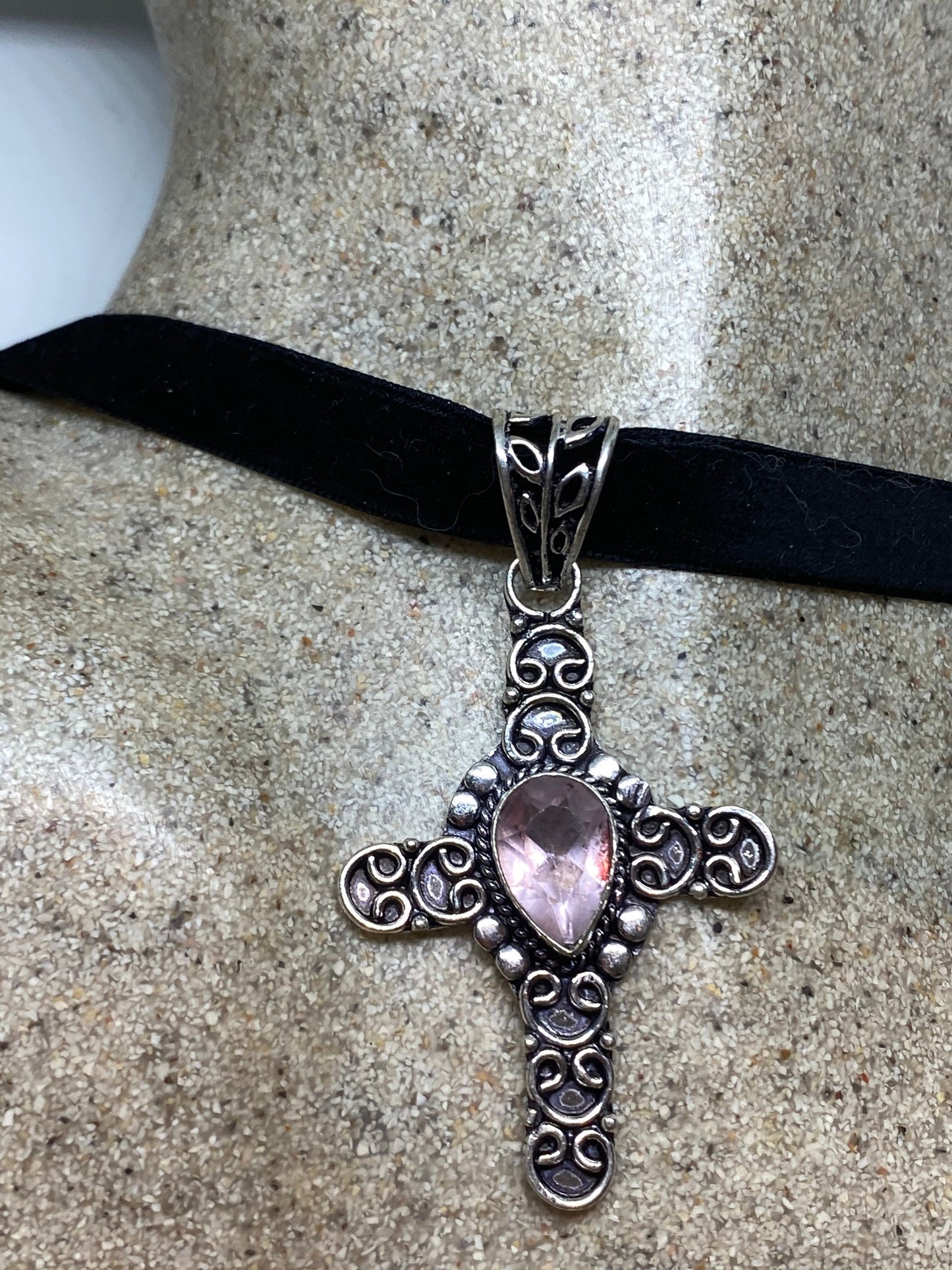 Vintage Handmade Silver Finish Rose Quartz Cross Choker Pendant