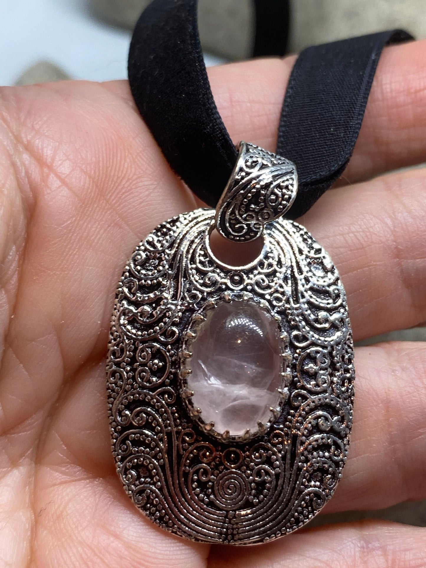 Vintage Handmade Silver Finish Rose Quartz Cross Choker Pendant