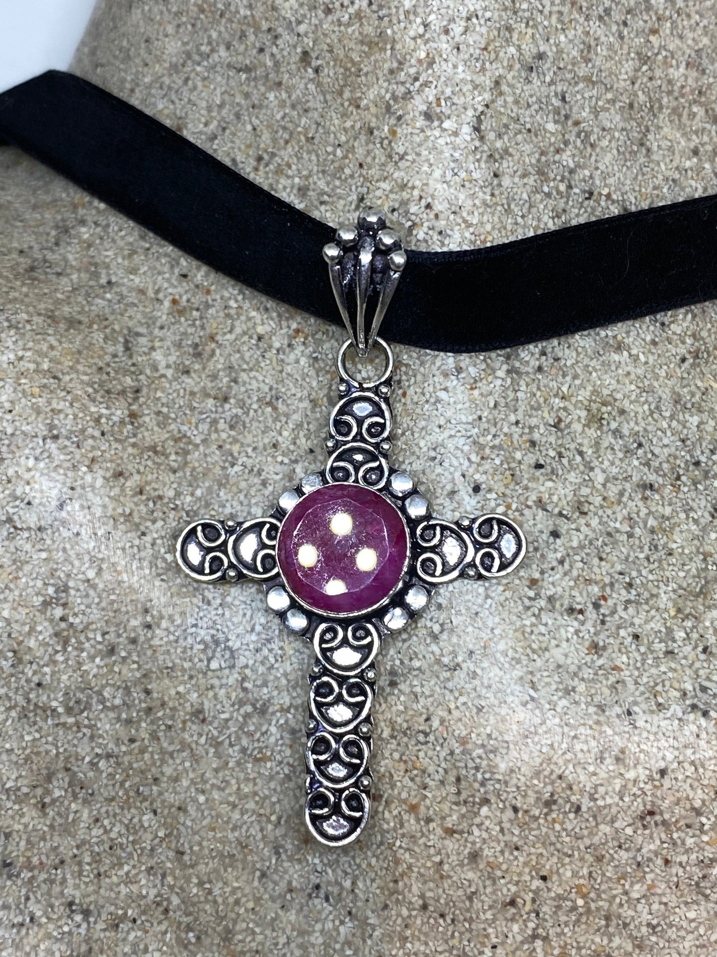 Vintage Pink Raw Ruby Cross Choker Pendant Necklace