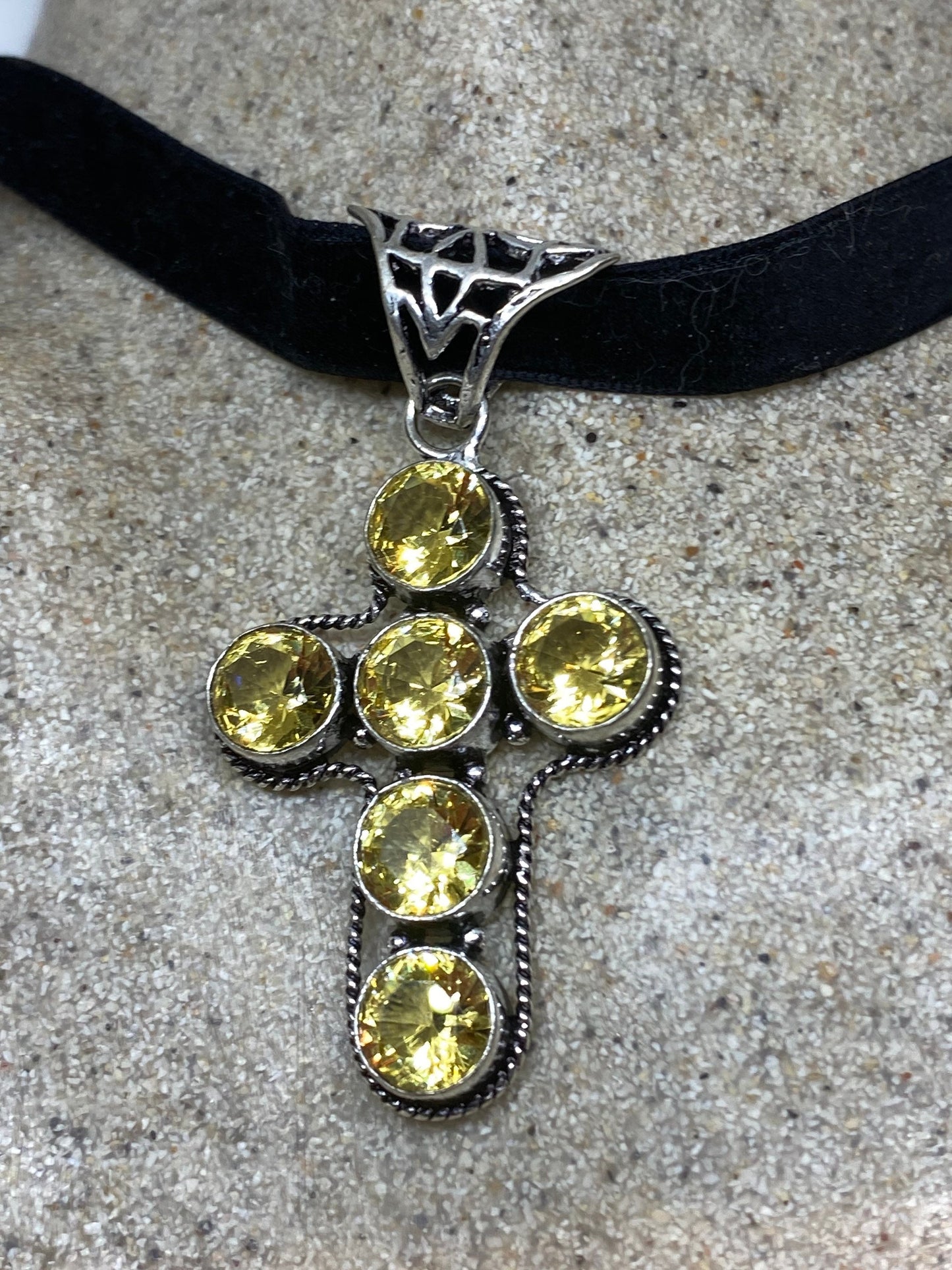 Vintage Handmade Bronze Silver Golden Citrine cross Pendant