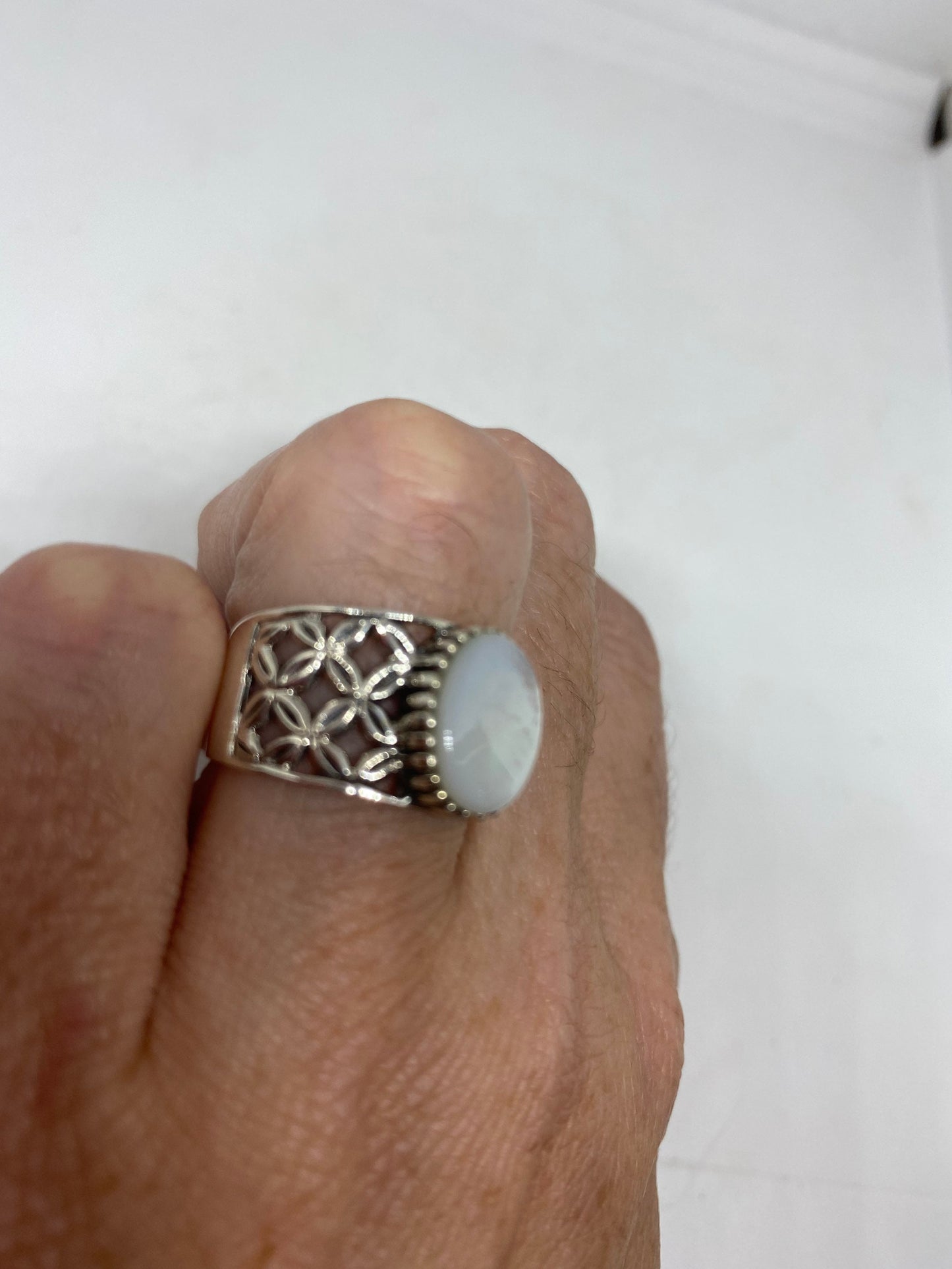 Antique White Mother of Pearl Filigree Sterling Silver Ring
