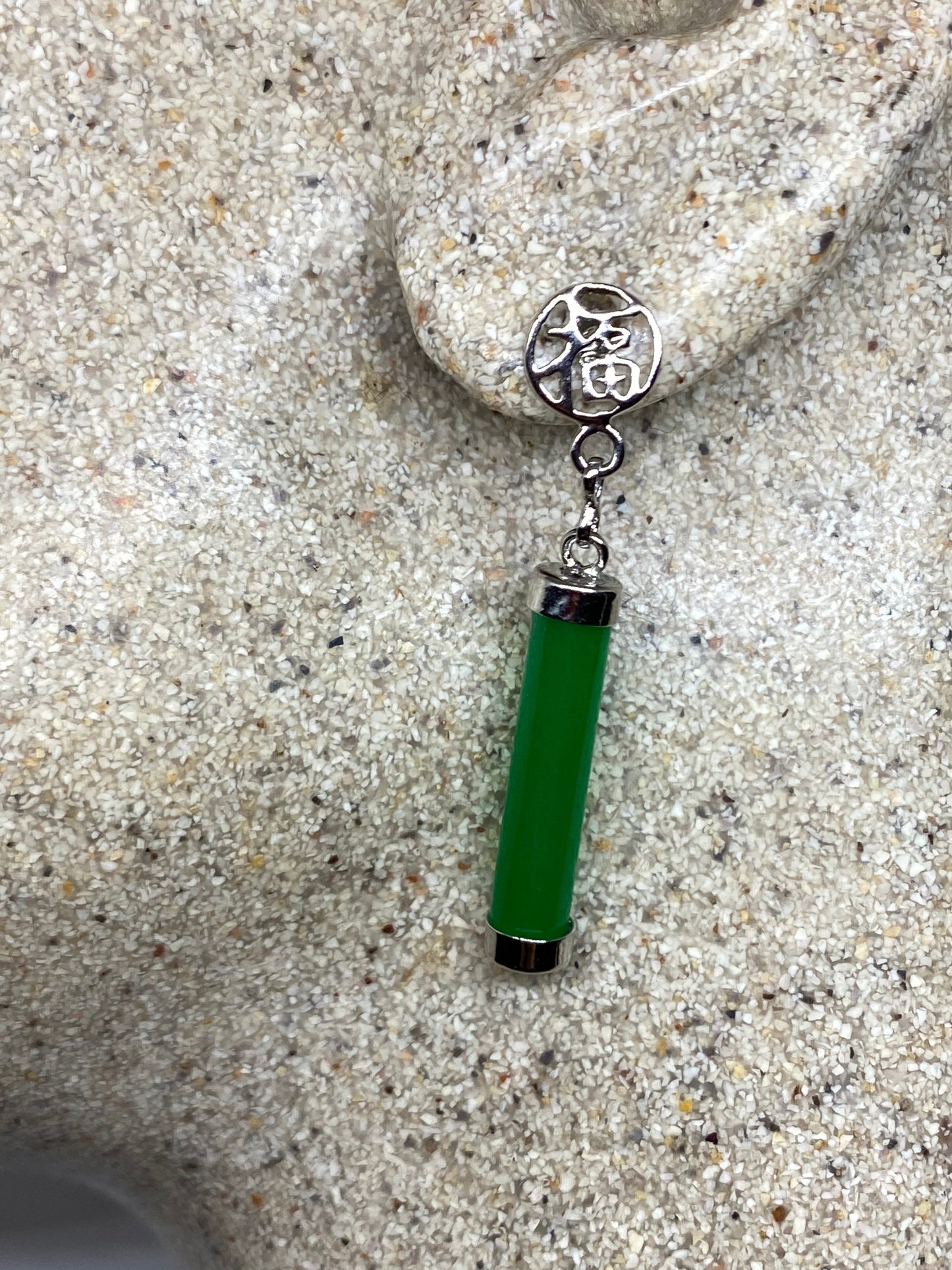 Genuine Green Jade Gemstone Rhodium Bronze Earrings