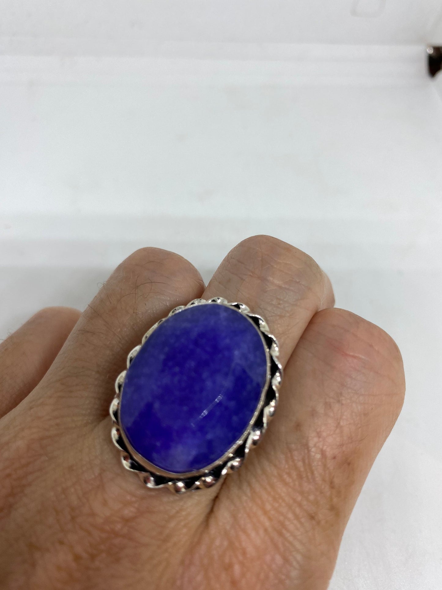 Vintage Handmade Deep Blue Sapphire Setting White Bronze Silver Gothic Ring