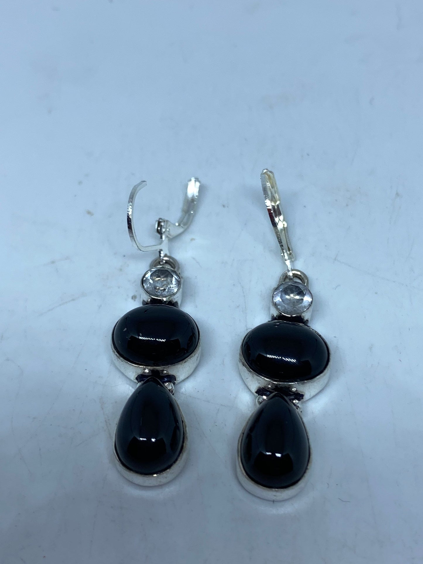Vintage Black Earring Onyx 925 Sterling Silver Deco Dangle Chandelier