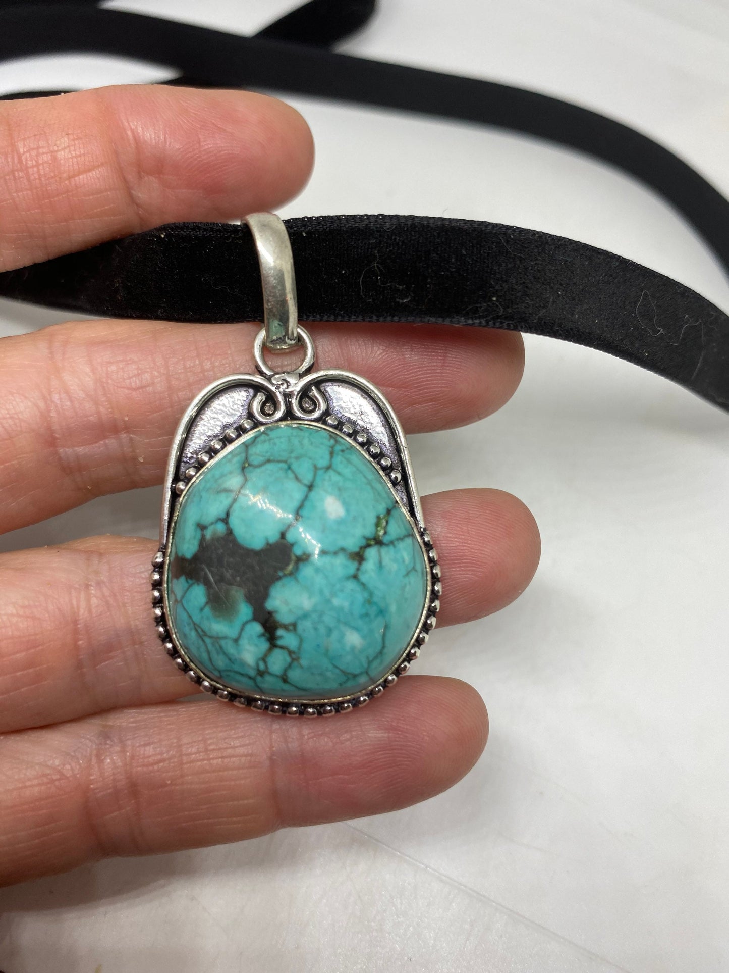 Vintage Silver Finished Genuine Tibetan Turquoise Choker Necklace