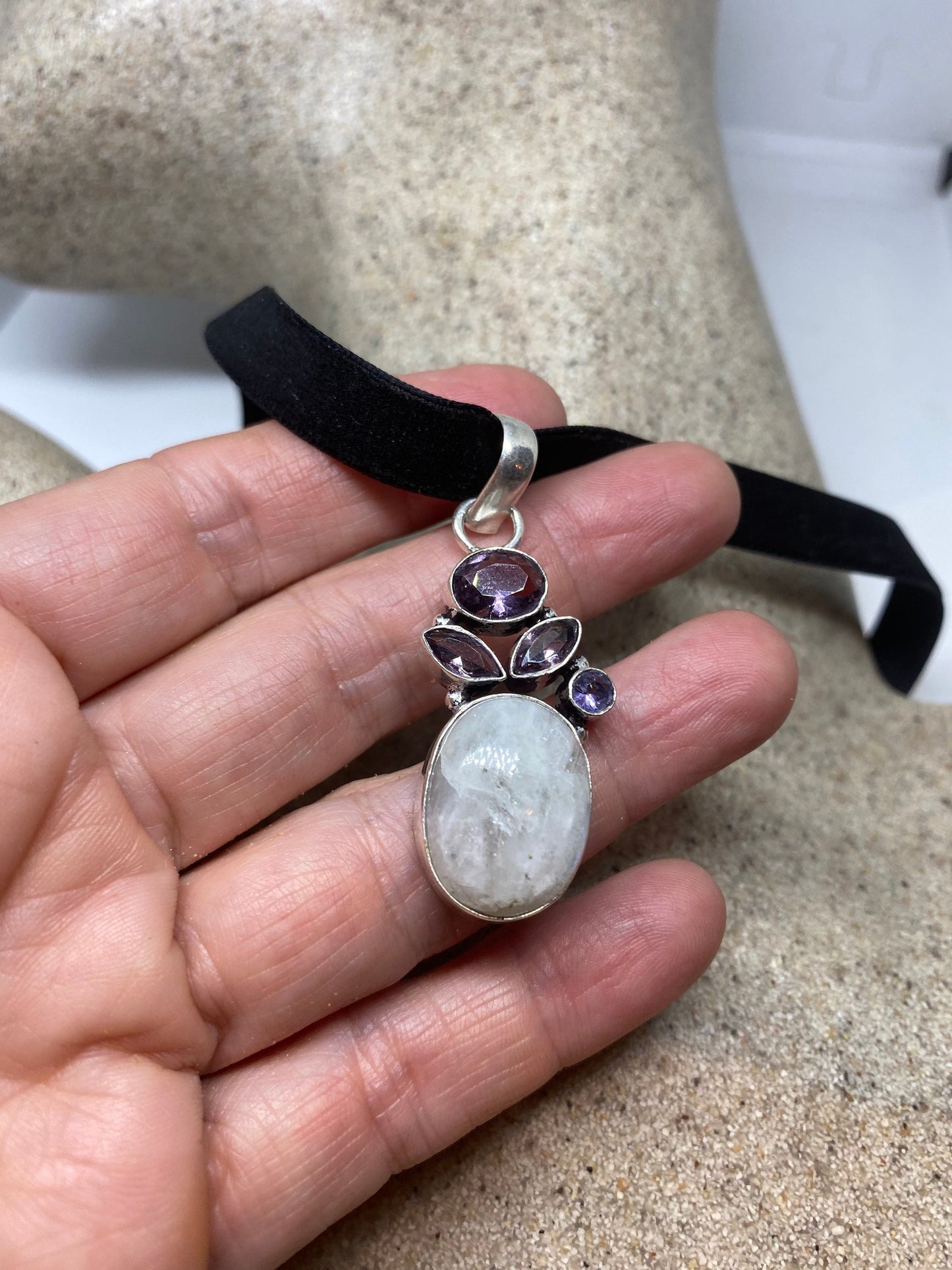 Vintage Rainbow Moonstone Choker Pendant Necklace