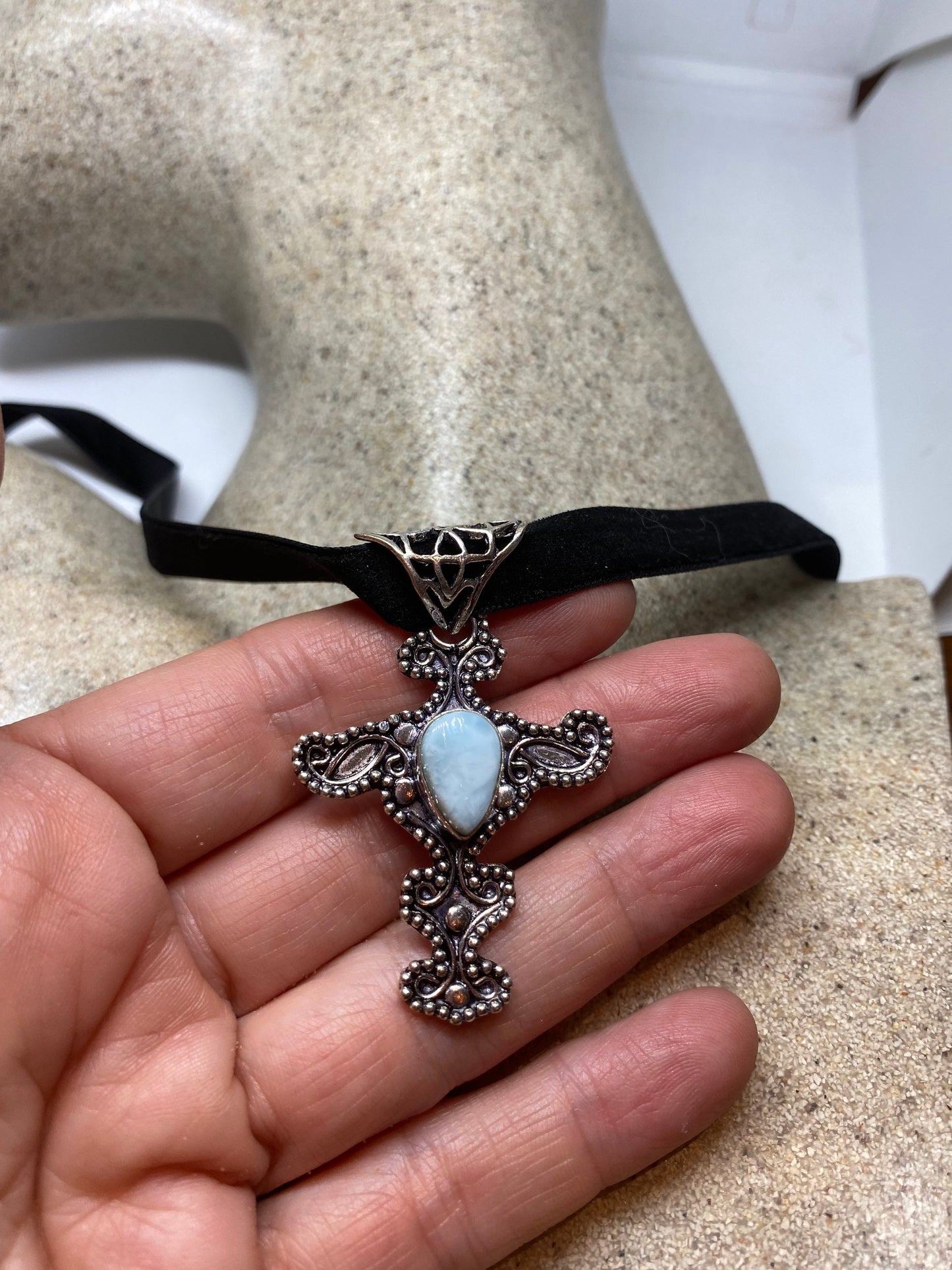 Vintage Silver Finished Blue Larimar Choker Necklace