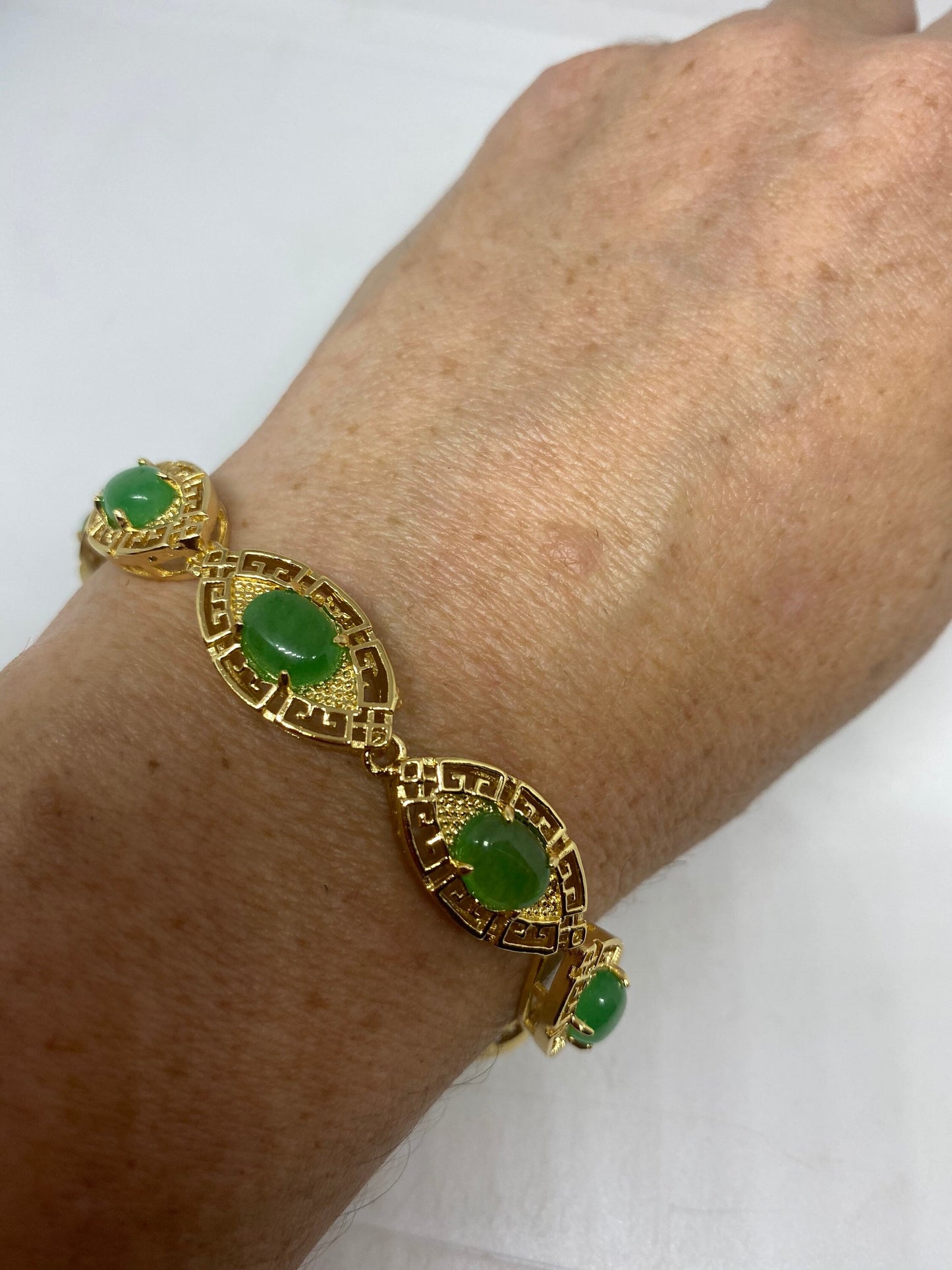 Vintage Green Jade Bracelet Golden White Bronze