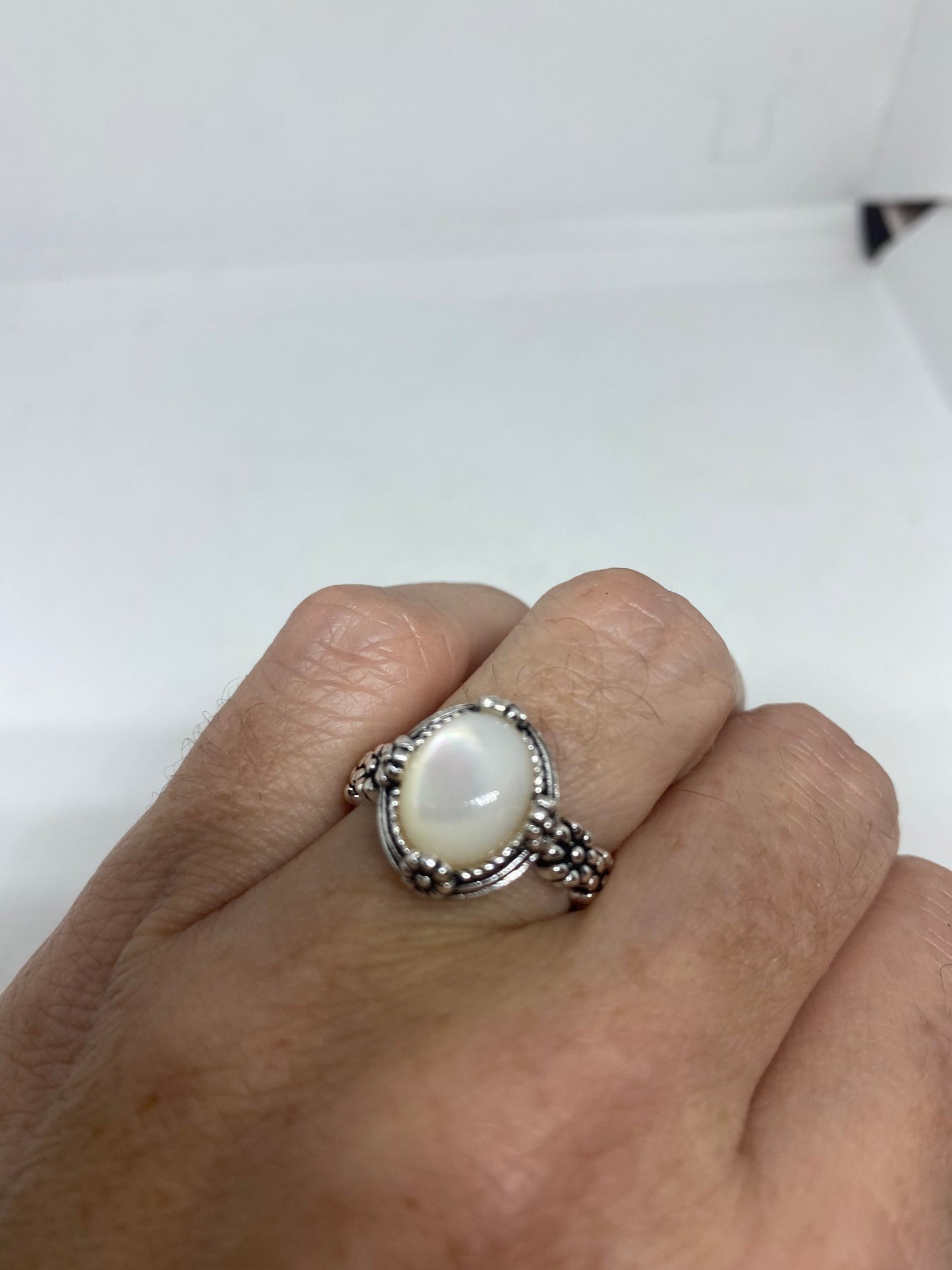 Antique White Mother of Pearl Filigree Sterling Silver Ring