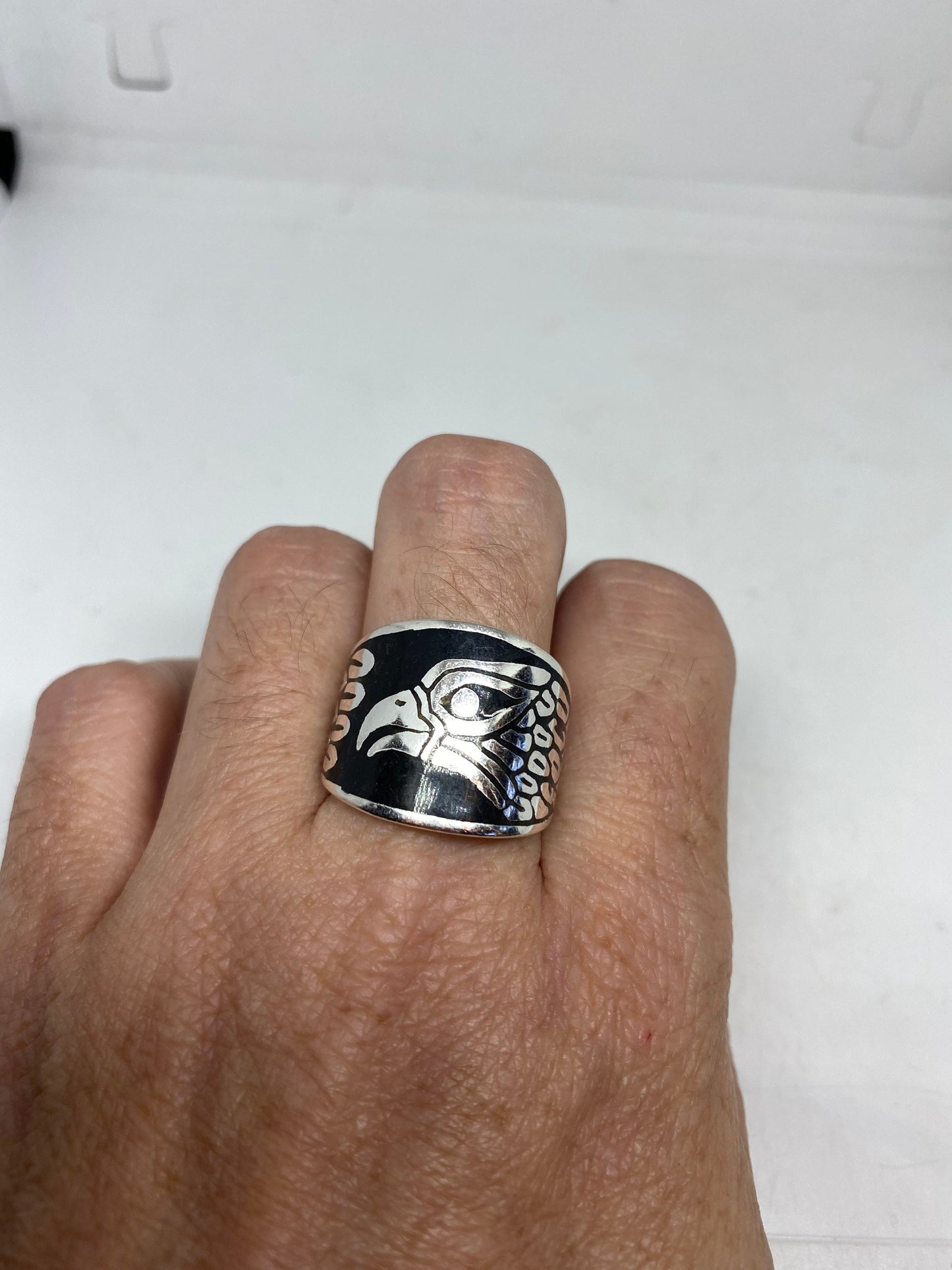 Vintage Native American Style Southwestern Black Inlay Mens Hawk Ring