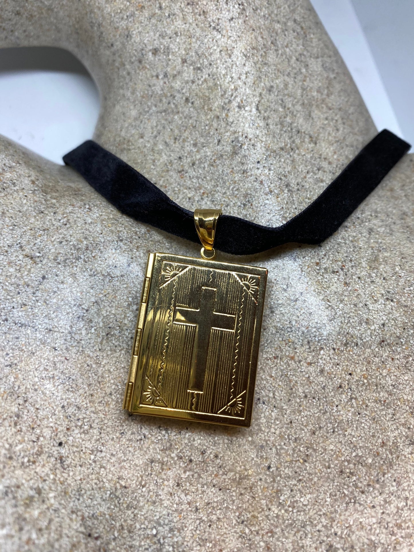 Vintage Cross Locket Choker Golden Stainless Steel Deco Etched Necklace