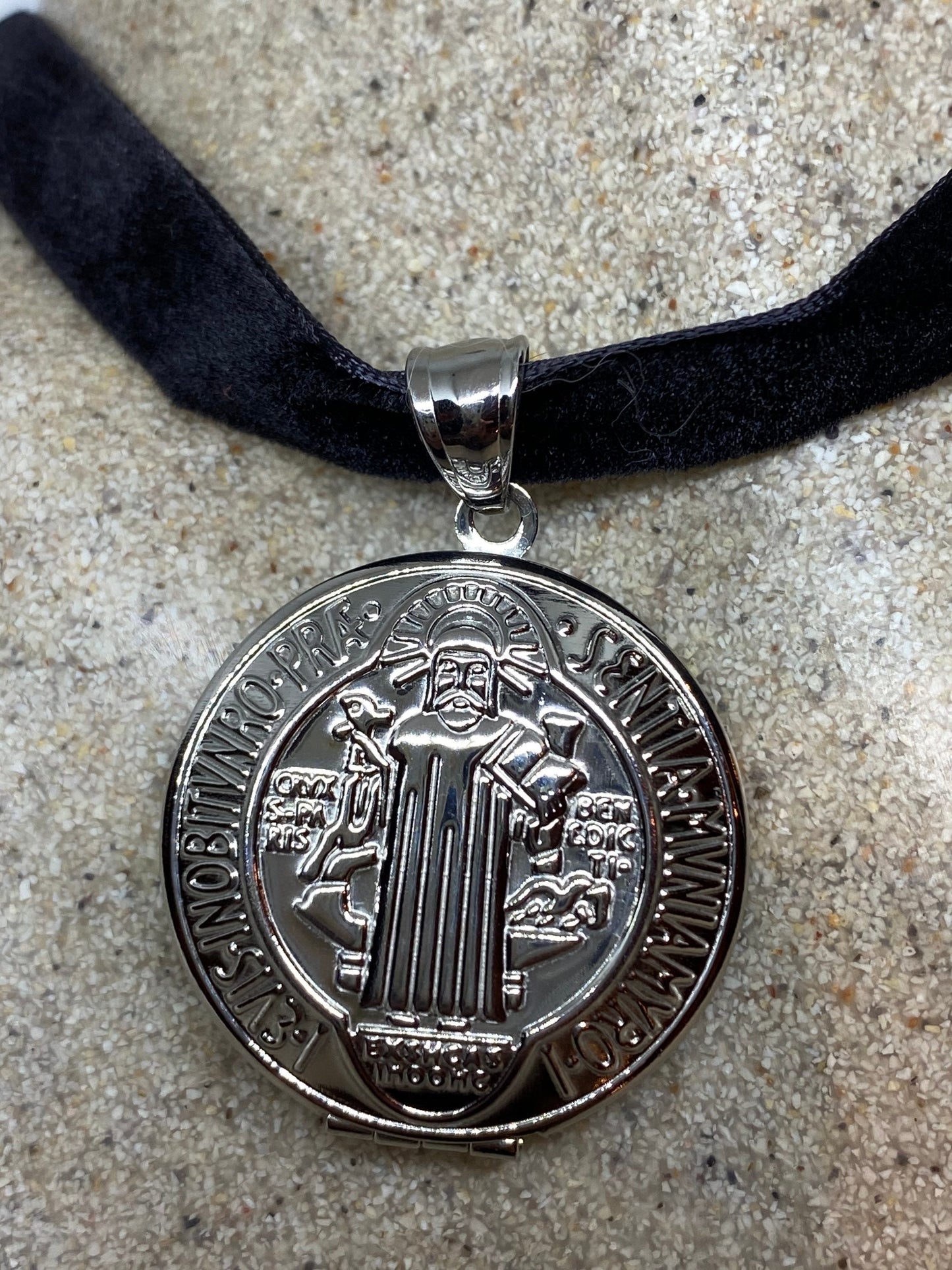 Vintage San Bernidito Locket Choker Silver Stainless Steel Deco Etched Necklace