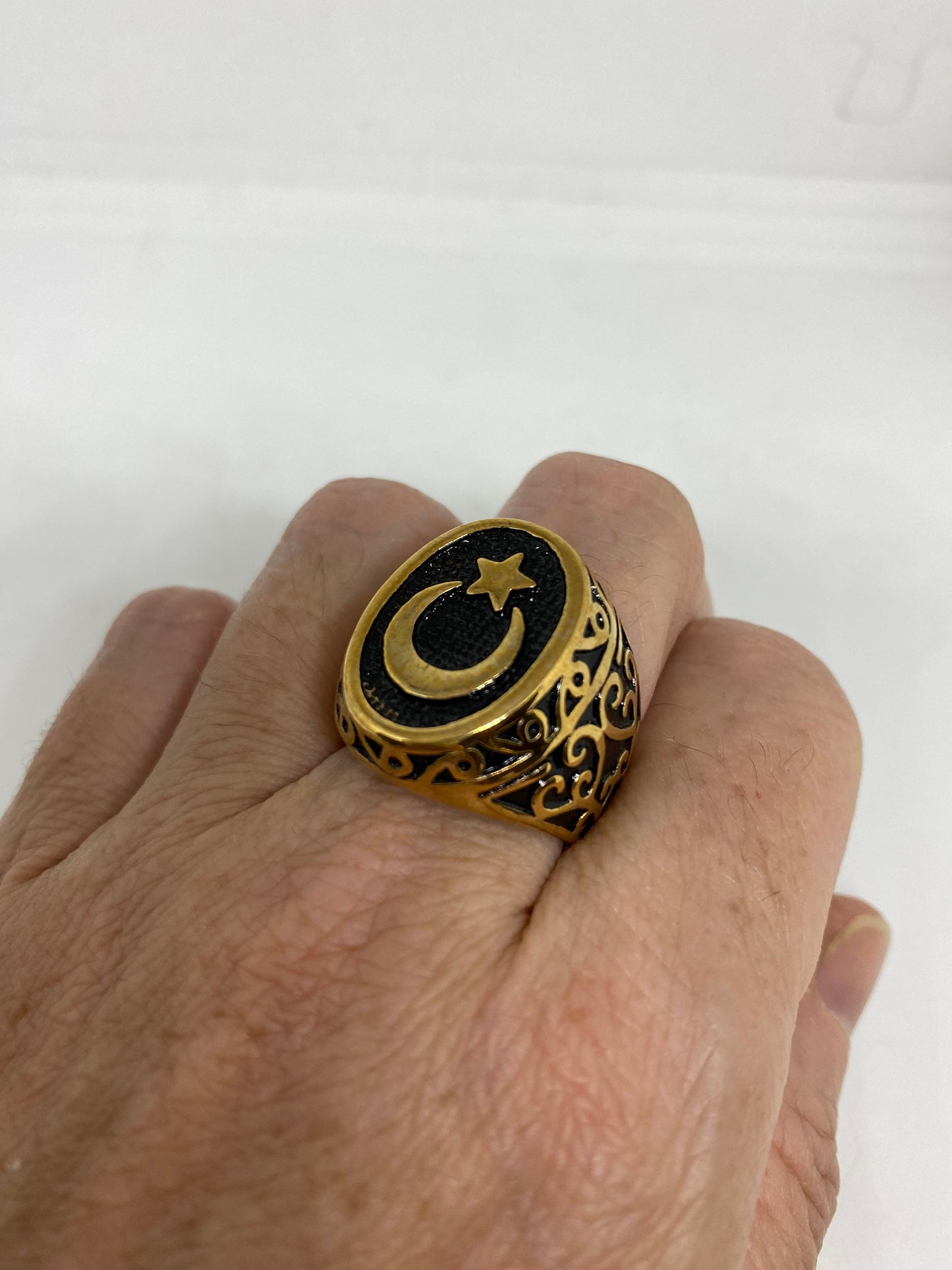 Vintage Gothic Golden Stainless Steel Muslim Star Cresant Mens Ring
