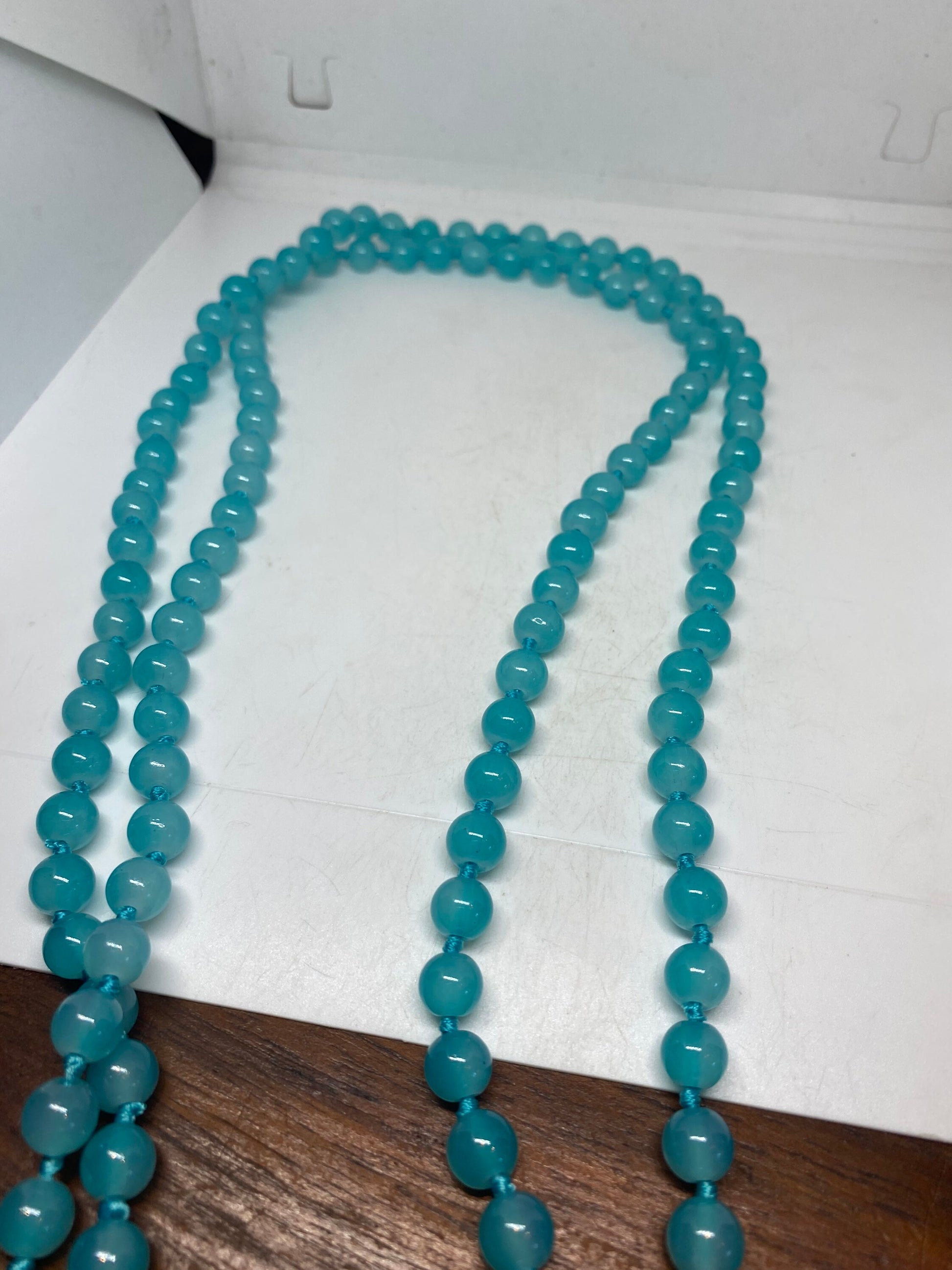 60 Inch Hand Knoted Vintage Blue chalcedony beaded Necklace