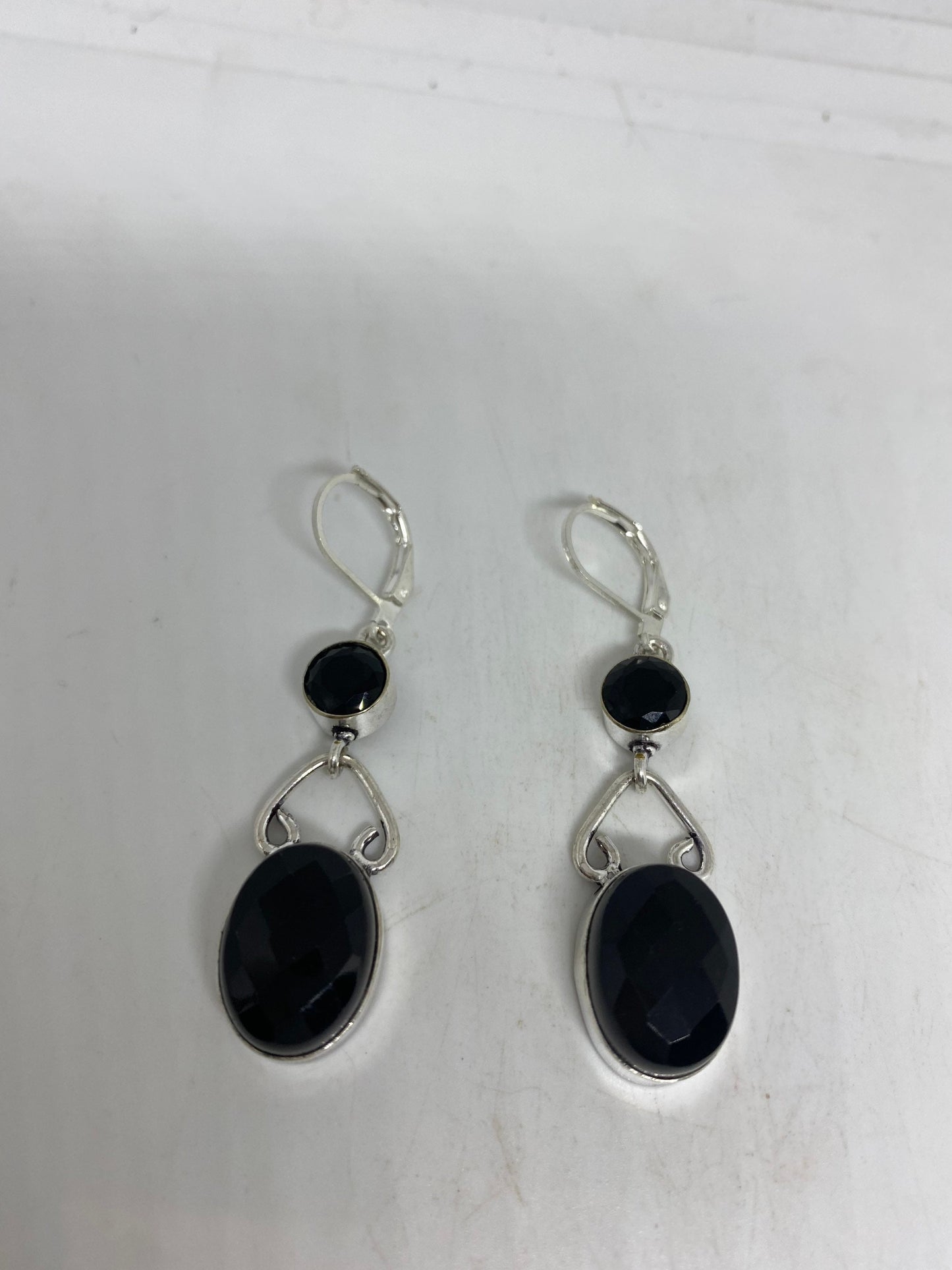 Vintage Black Earring Onyx 925 Sterling Silver Deco Dangle Chandelier