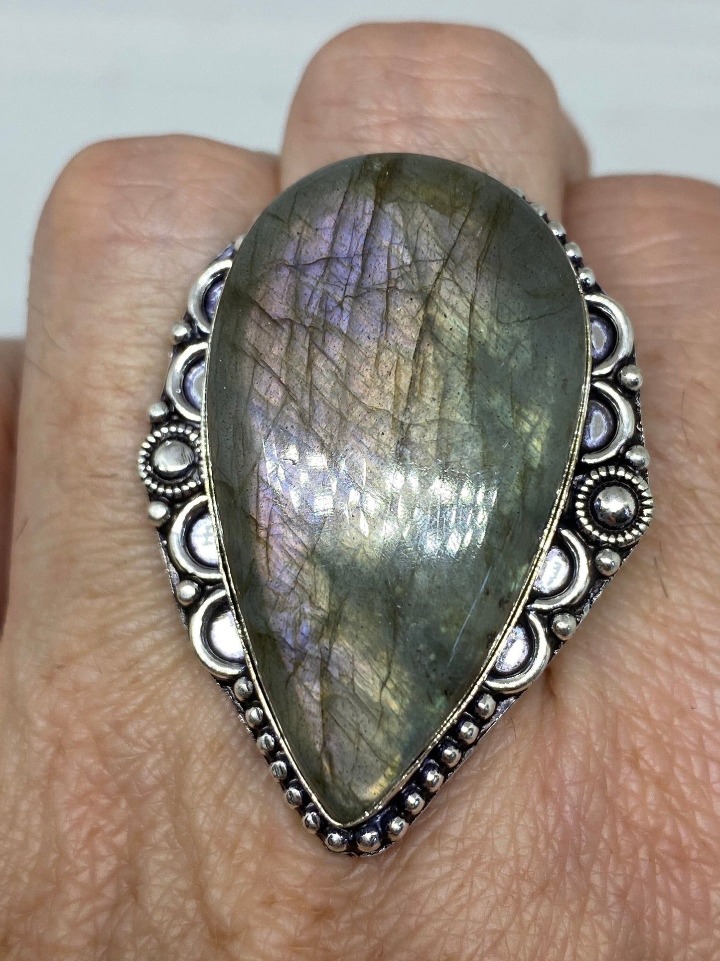 Vintage Large Blue Green Labradorite Stone Silver Ring