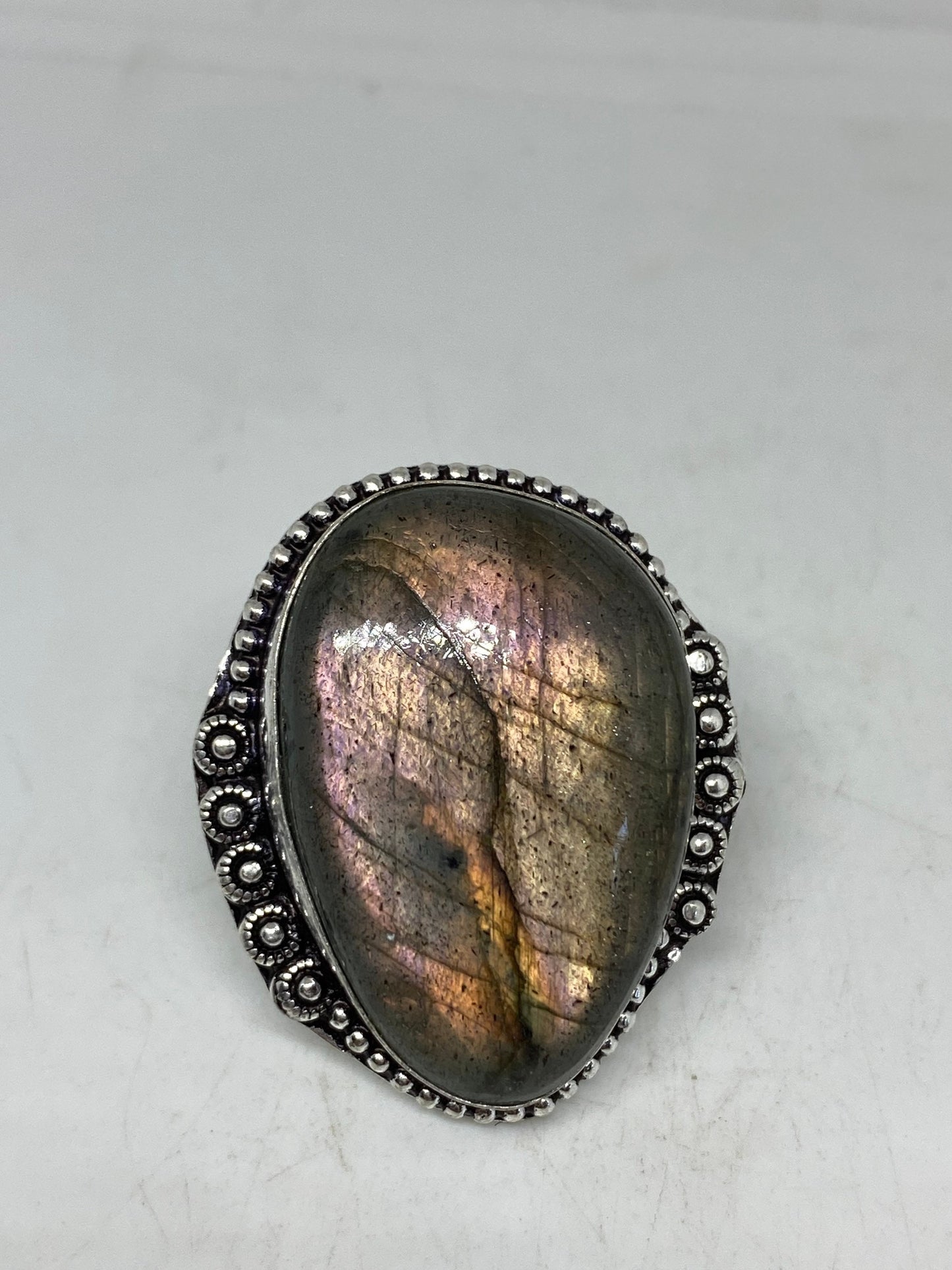 Vintage Large Blue Green Labradorite Stone Silver Ring