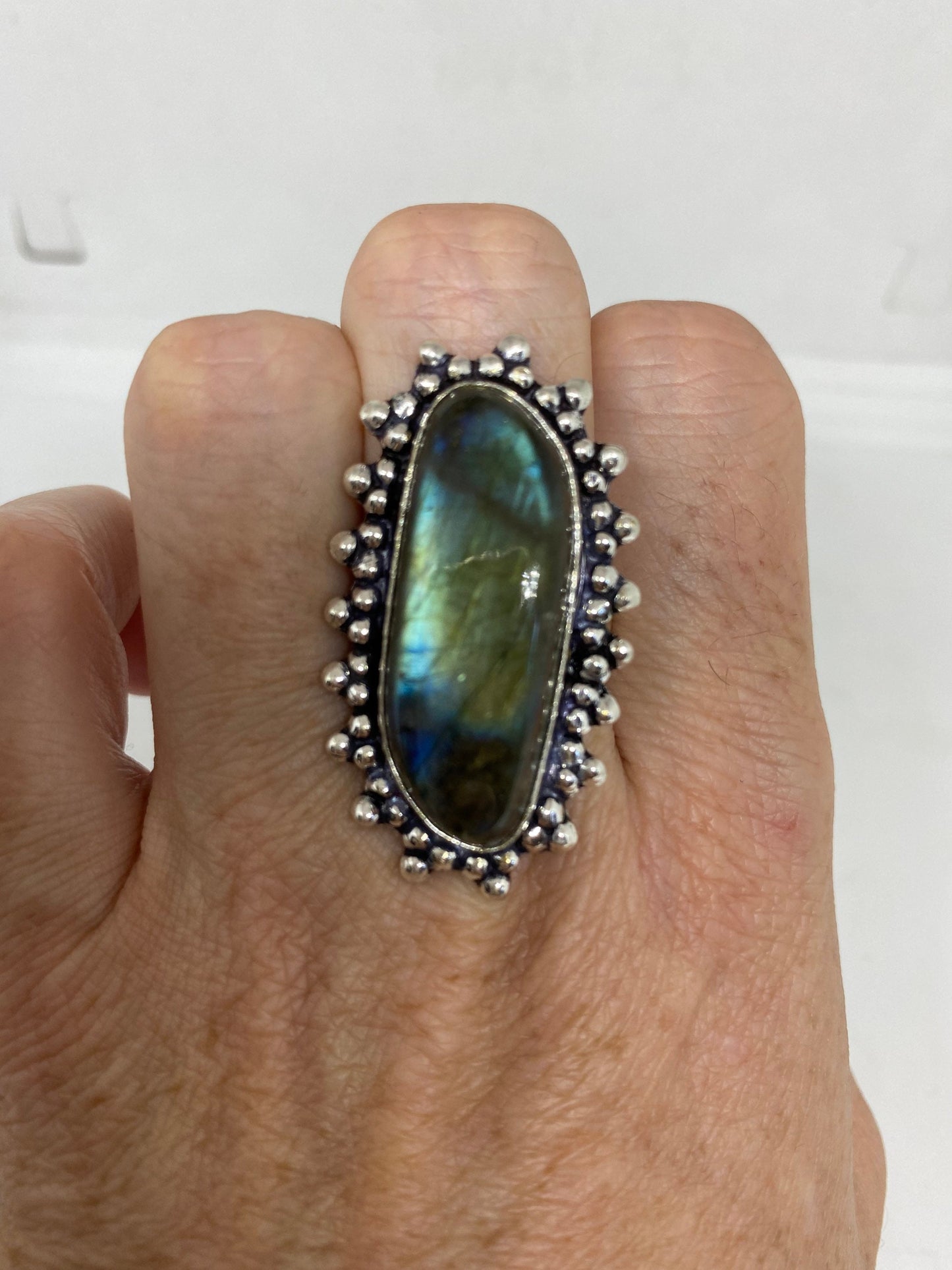 Vintage Large Blue Green Labradorite Stone Silver Ring