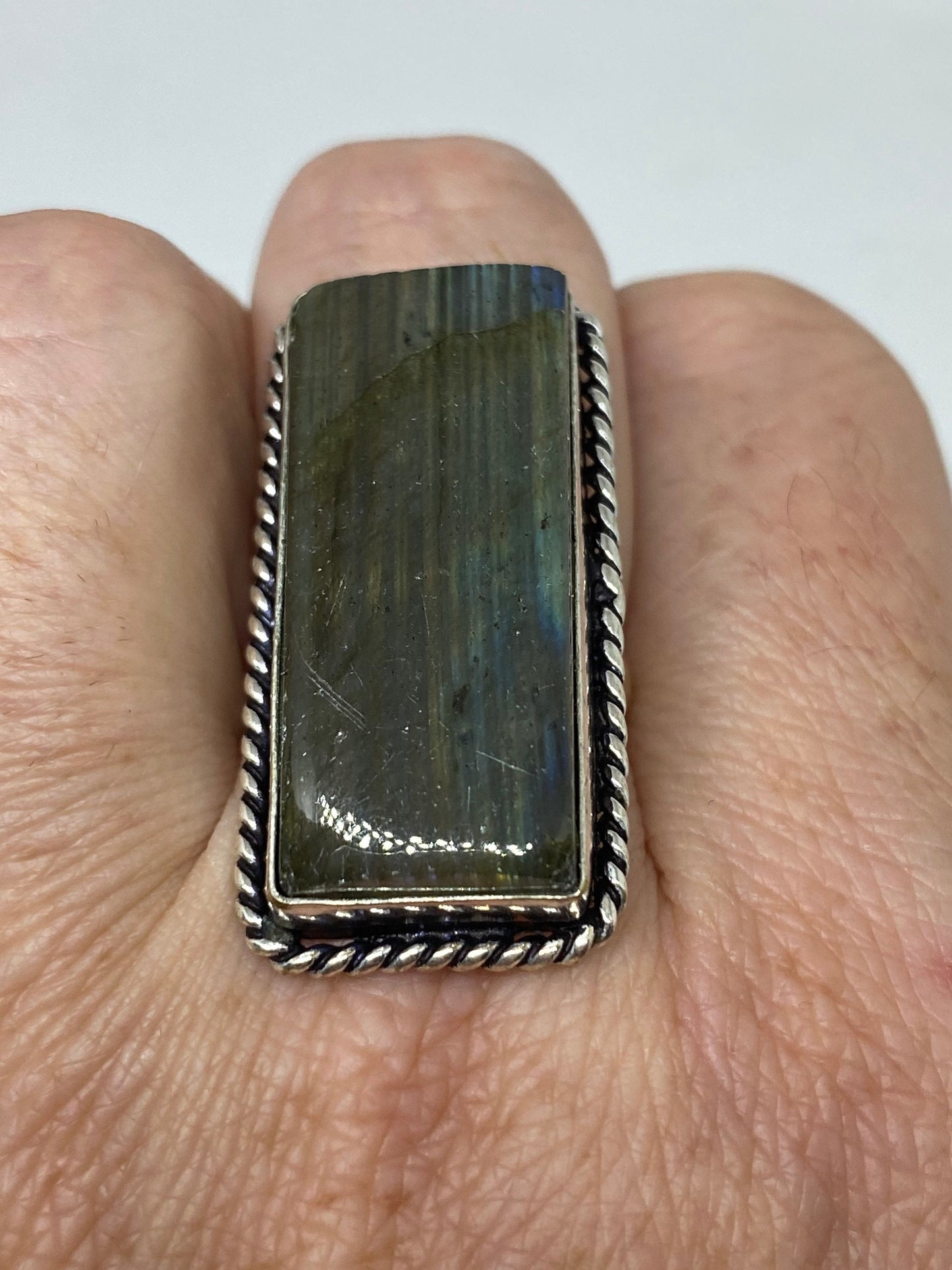Vintage Large Blue Green Labradorite Stone Silver Ring