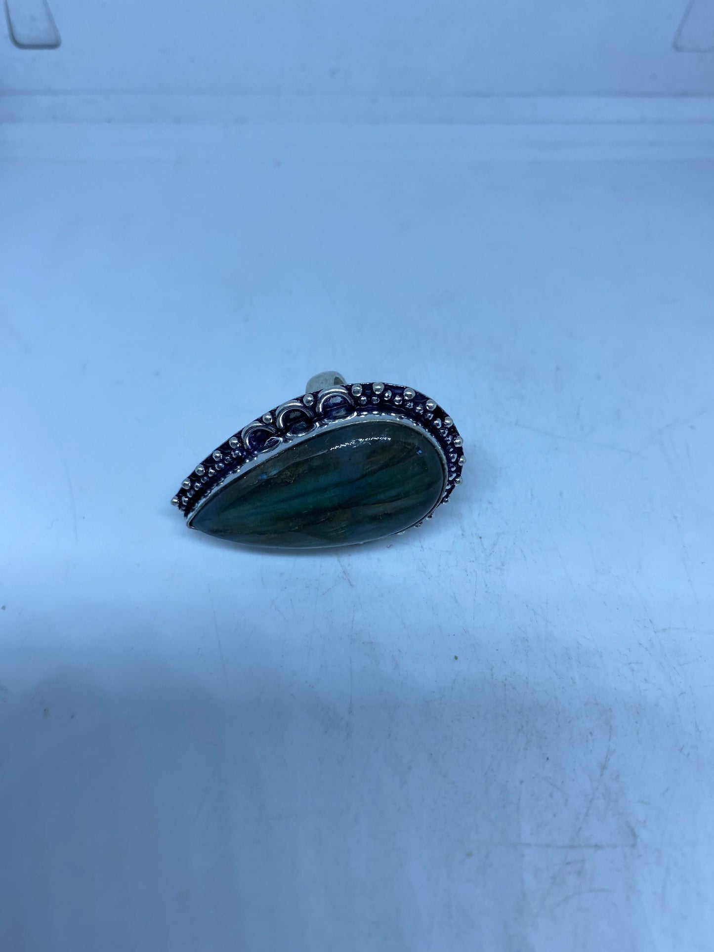Vintage Large Blue Green Labradorite Stone Silver Ring