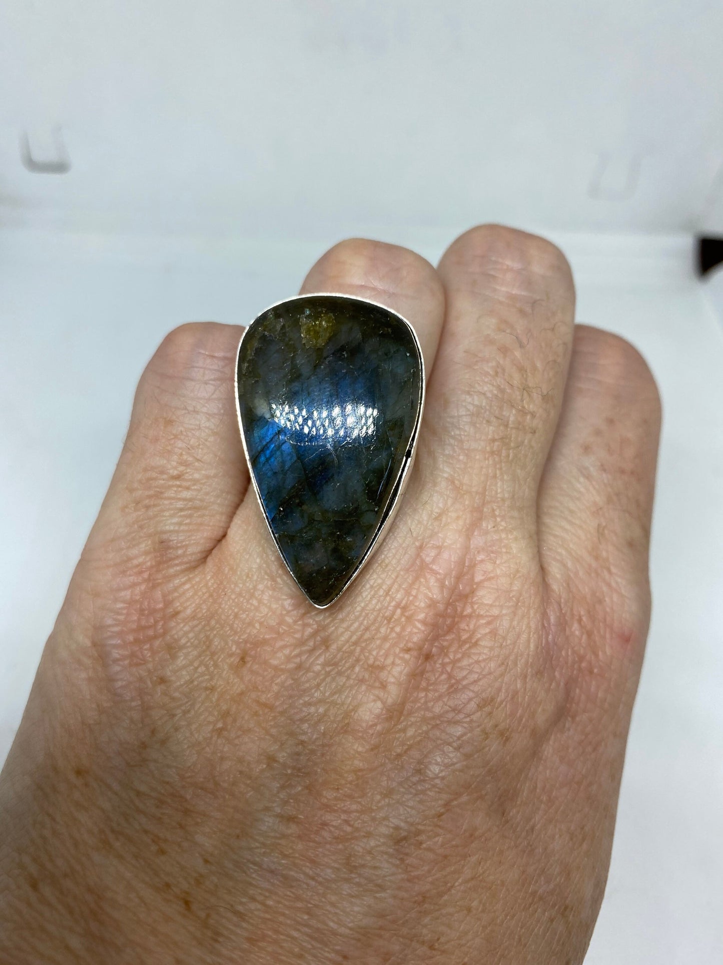 Vintage Large Blue Green Labradorite Stone Silver Ring