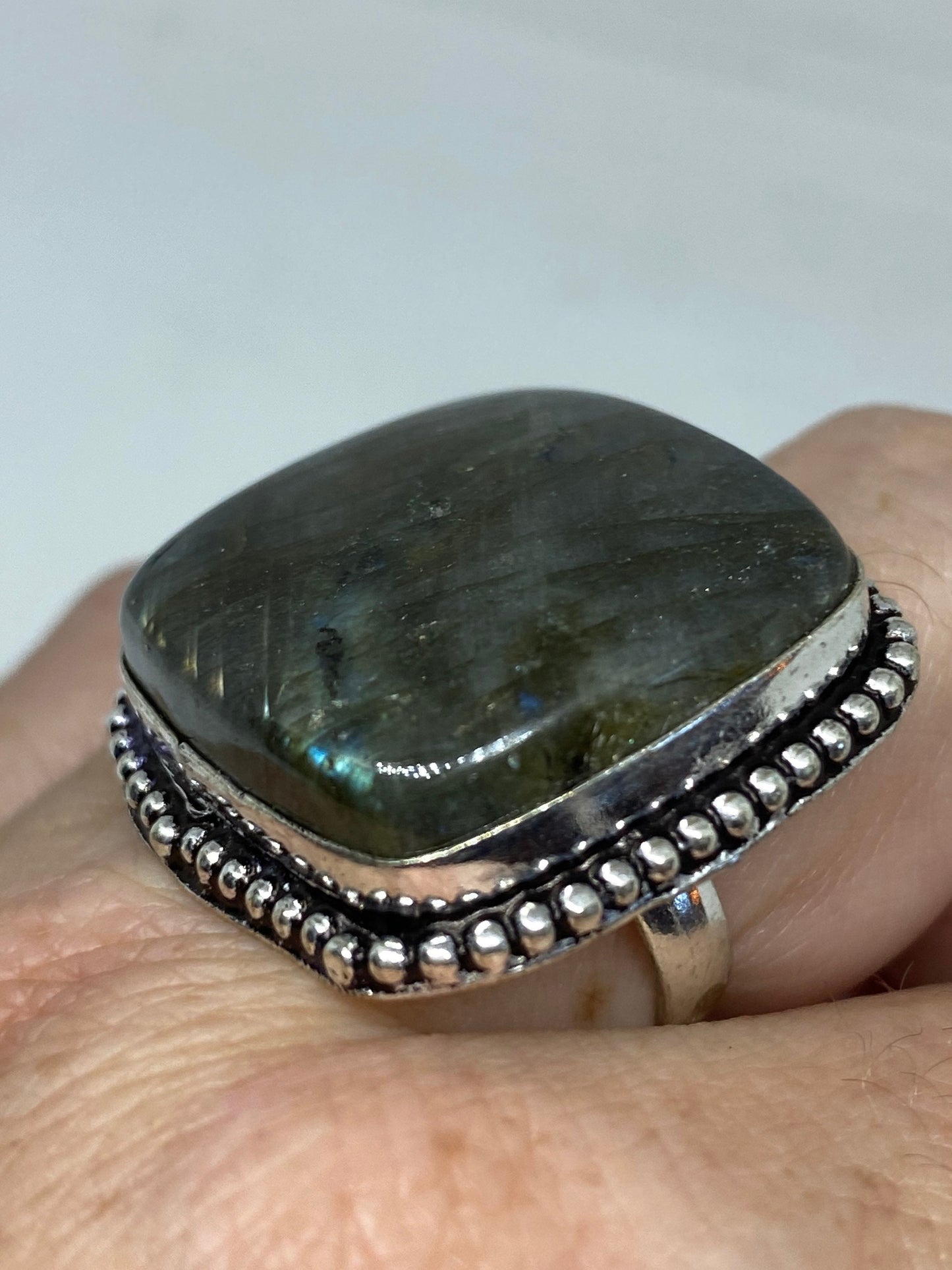 Vintage Large Blue Green Labradorite Stone Silver Ring