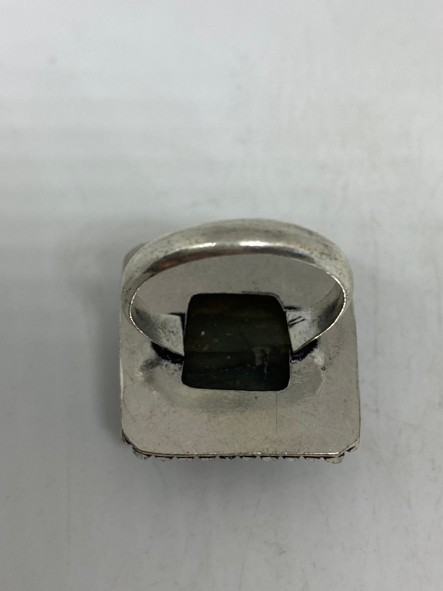 Vintage Large Blue Green Labradorite Stone Silver Ring