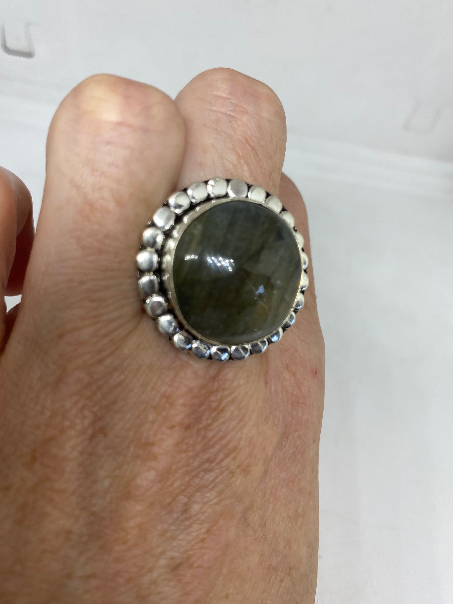 Vintage Large Blue Green Labradorite Stone Silver Ring