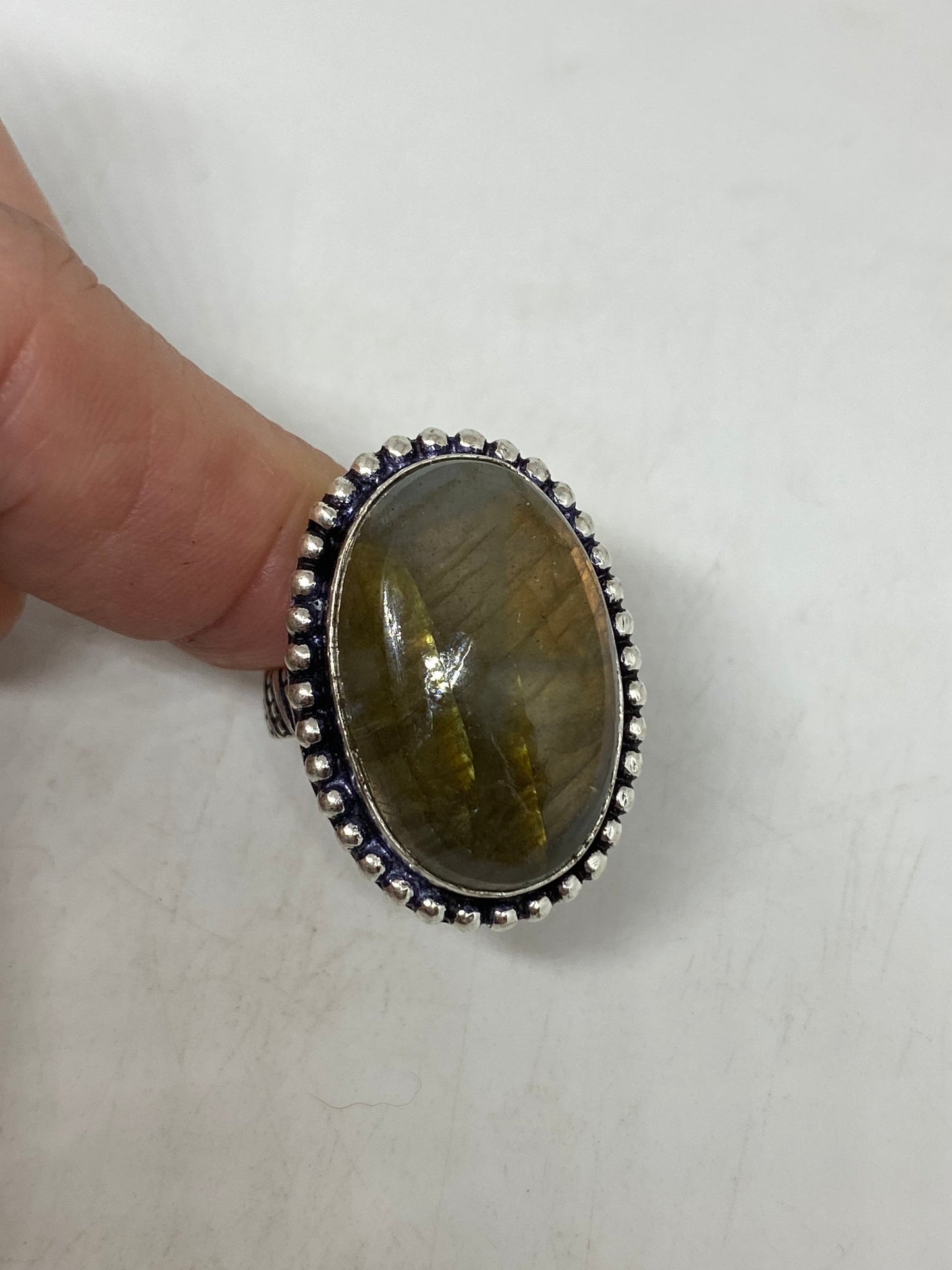 Vintage Large Blue Green Labradorite Stone Silver Ring